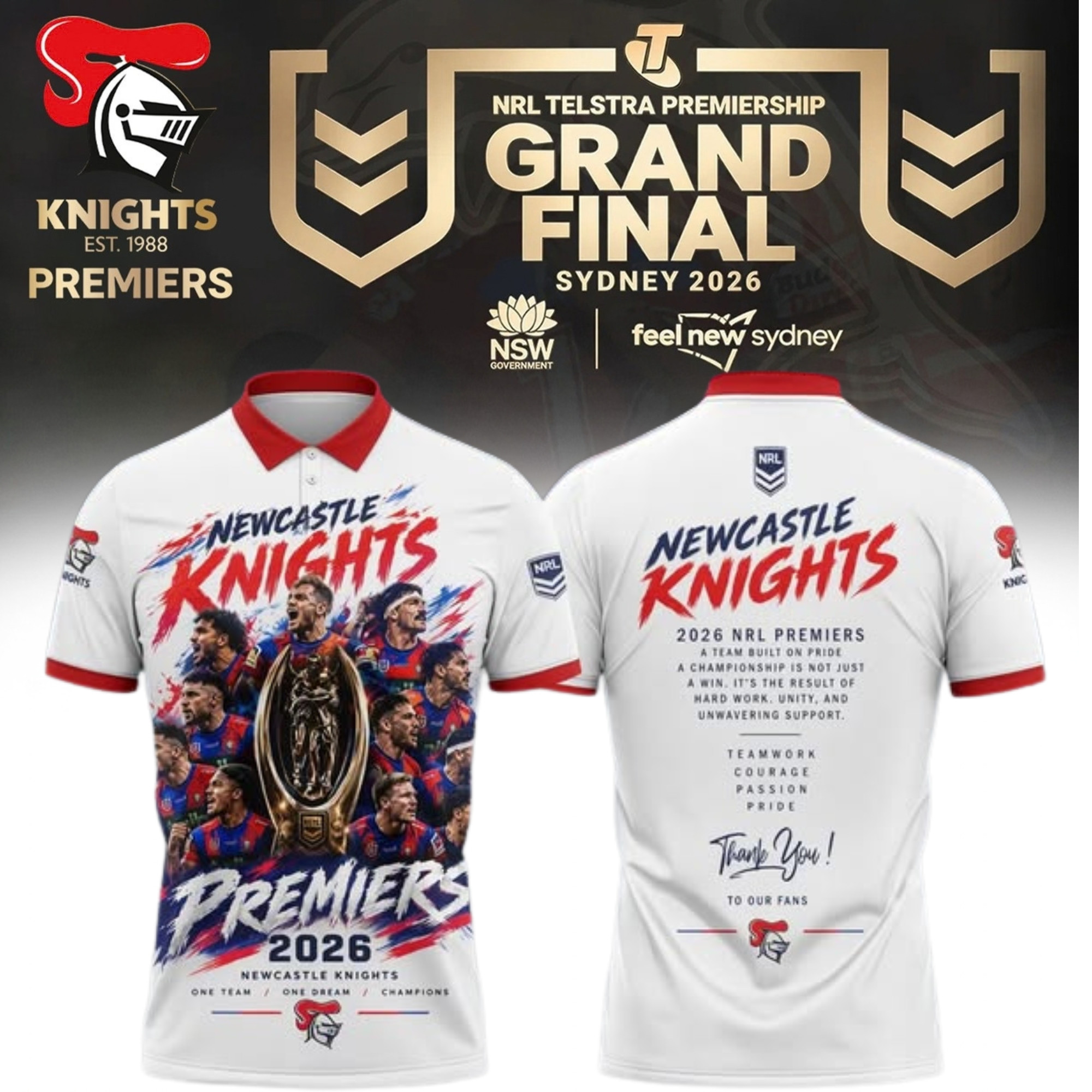 Newcastle Knights Merch 2026 NRL Premiers Signed Polo Shirt Cool Gifts For Rugby Fans