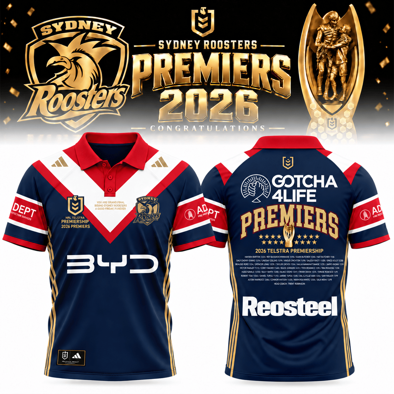 Sydney Roosters NRL 2026 Premiers Polo Shirt Sydney Roosters Gear Present For Fans
