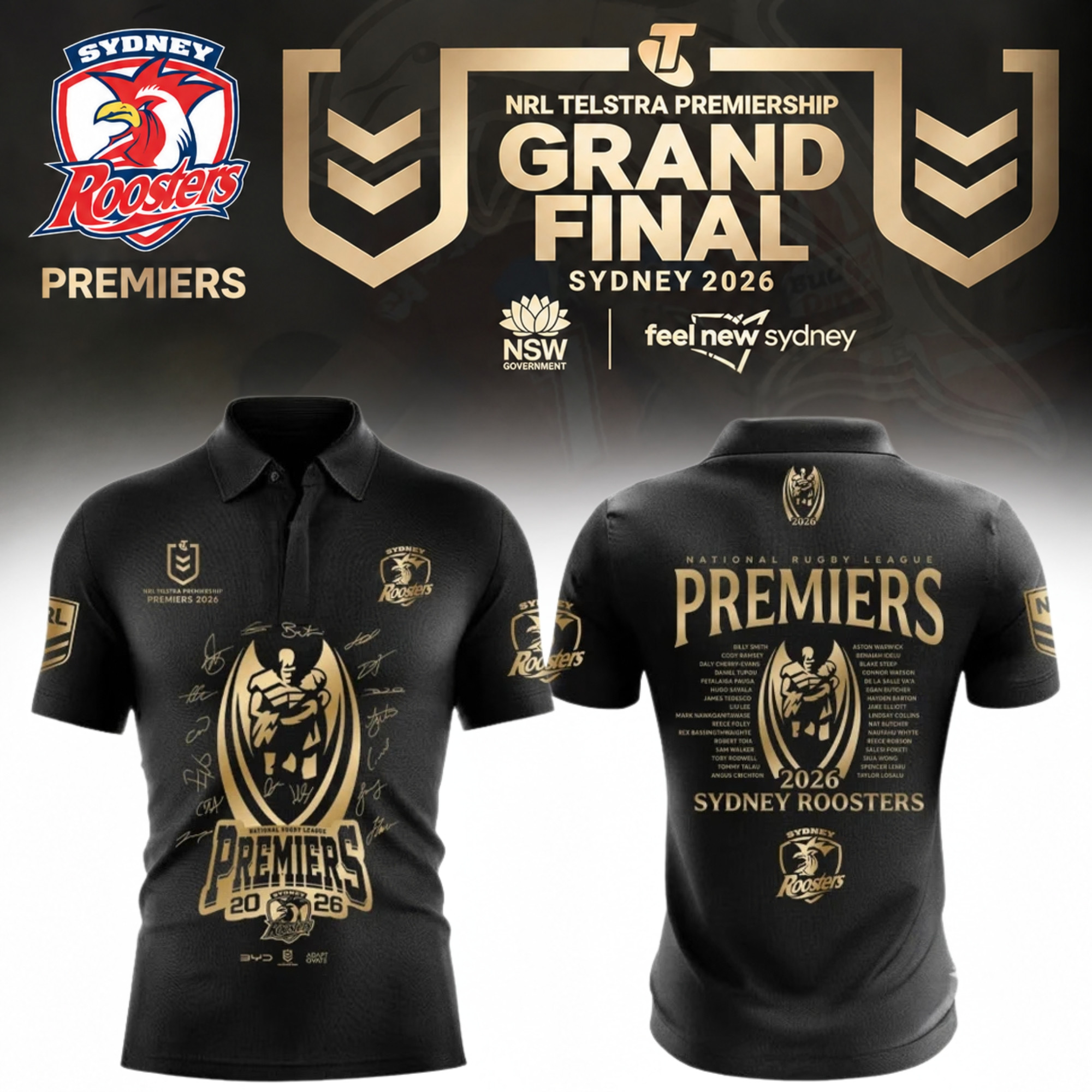 Sydney Roosters NRL 2026 Premiers Signed Polo Shirt Sydney Roosters Gear Gift Ideas For Rugby Lover