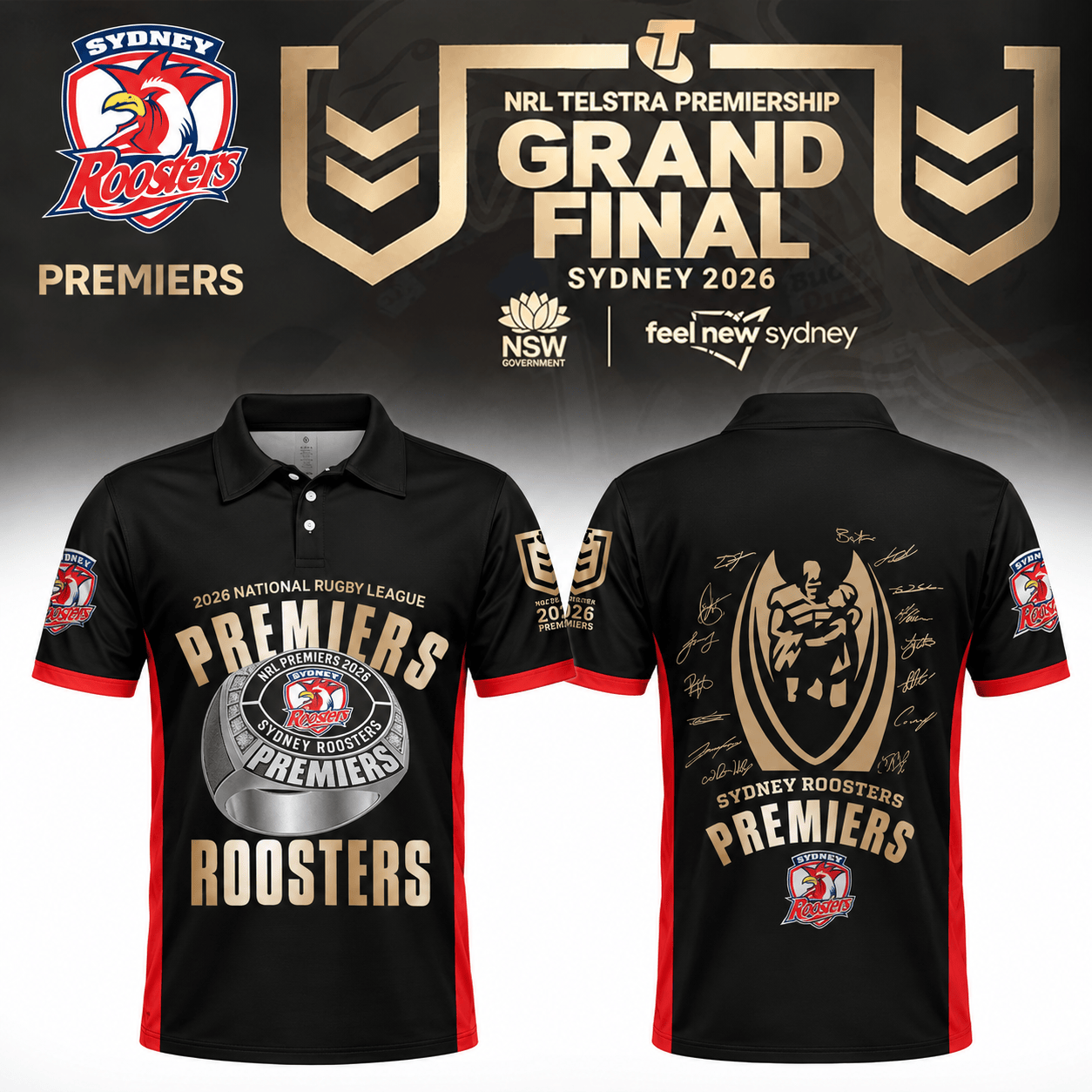 Sydney Roosters NRL 2026 Premiers Polo Shirt Sydney Roosters Apparel Football Fans Gears