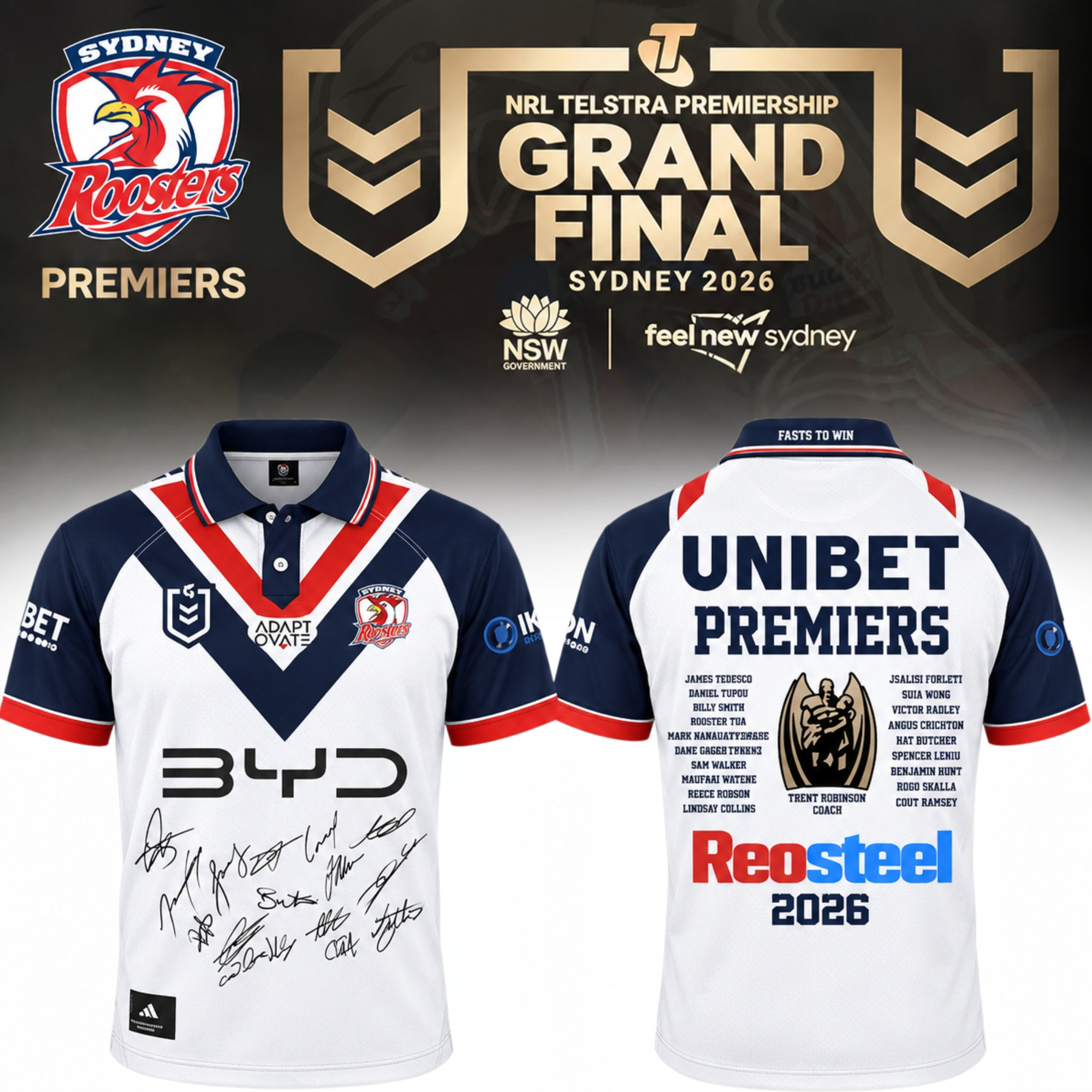 Sydney Roosters 2026 NRL Premiers Signed Polo Shirt Sydney Roosters Clothes Gifts For Dad