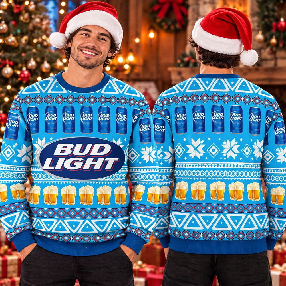Bud Light Beer Can Pattern Blue Christmas Ugly Sweater Festive Xmas Gift 1 - Unicasport Bud Light Beer Can Pattern Blue Christmas Ugly Sweater Festive Xmas Gift