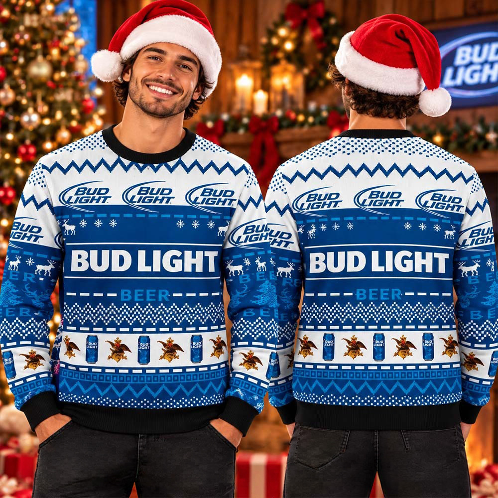 Bud Light Beer Logo And Cans Christmas Pattern Holiday Ugly Sweater Festive Xmas Gift 1 - Unicasport Bud Light Beer Logo And Cans Christmas Pattern Holiday Ugly Sweater Festive Xmas Gift