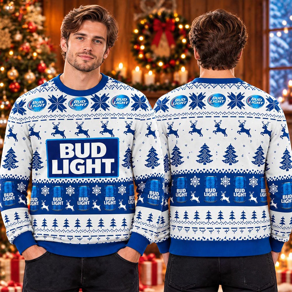 Bud Light Beer Lover Snowflakes And Deer White And Blue 2026 Christmas Ugly Sweater Dad Gift 1 - Unicasport Bud Light Beer Lover Snowflakes And Deer White And Blue 2026 Christmas Ugly Sweater Dad Gift