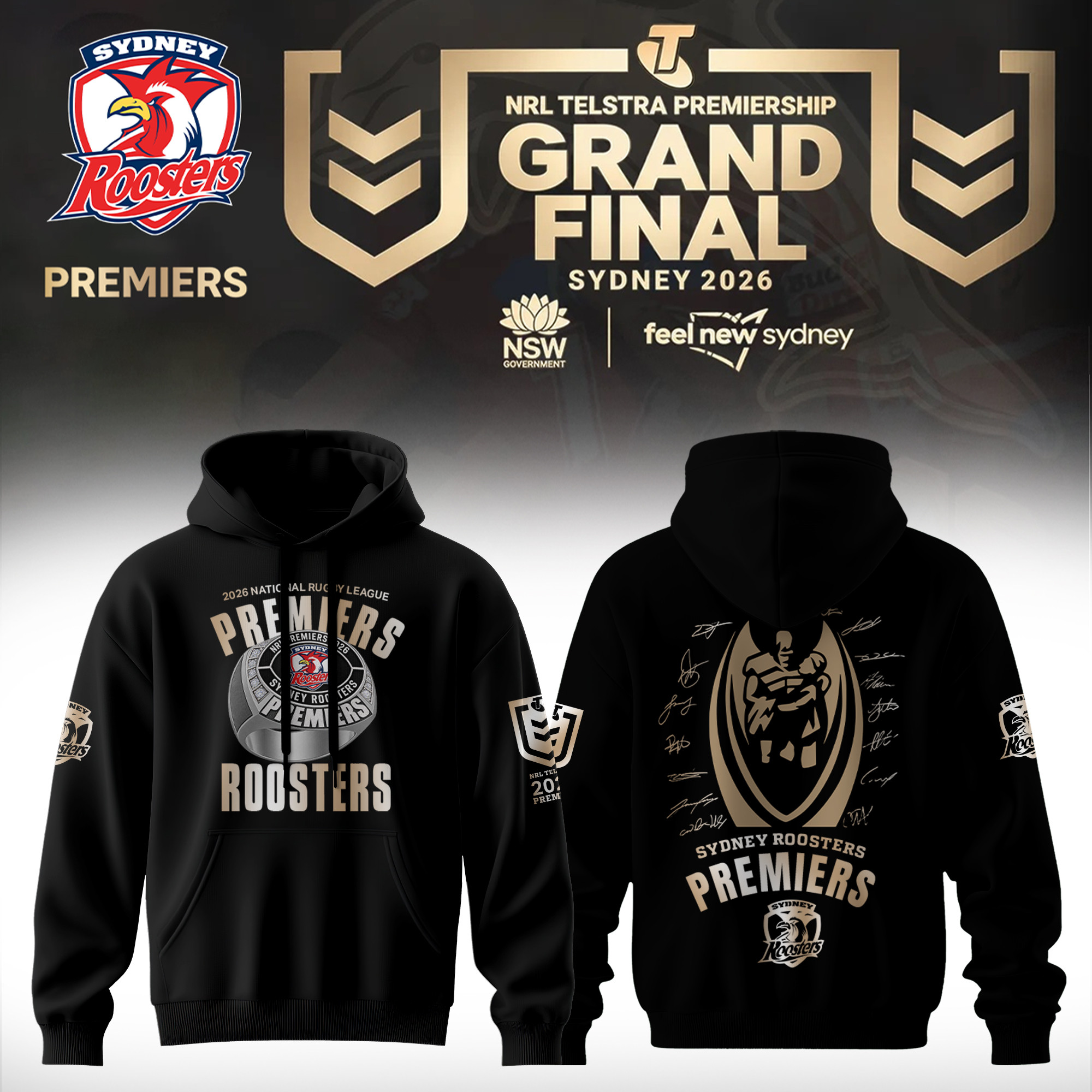 Sydney Roosters 2026 NRL Premiers Black Hoodie Sydney Roosters Merch Great Fan Gifts 1 - Unicasport Sydney Roosters 2026 NRL Premiers Black Hoodie Sydney Roosters Merch Great Fan Gifts