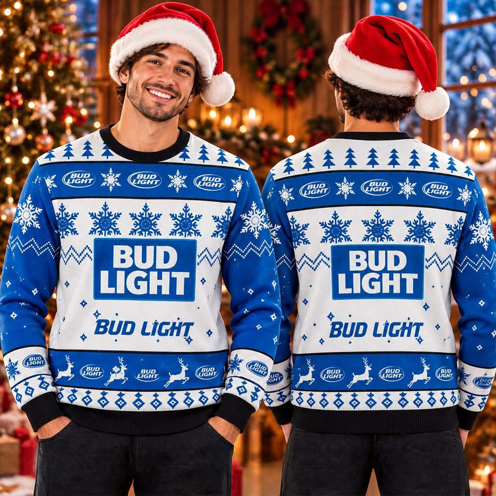 Bud Light Beer Snowflakes And Deer Knitting Pattern Holiday Ugly Sweater Xmas Gift 1 - Unicasport Bud Light Beer Snowflakes And Deer Knitting Pattern Holiday Ugly Sweater Xmas Gift