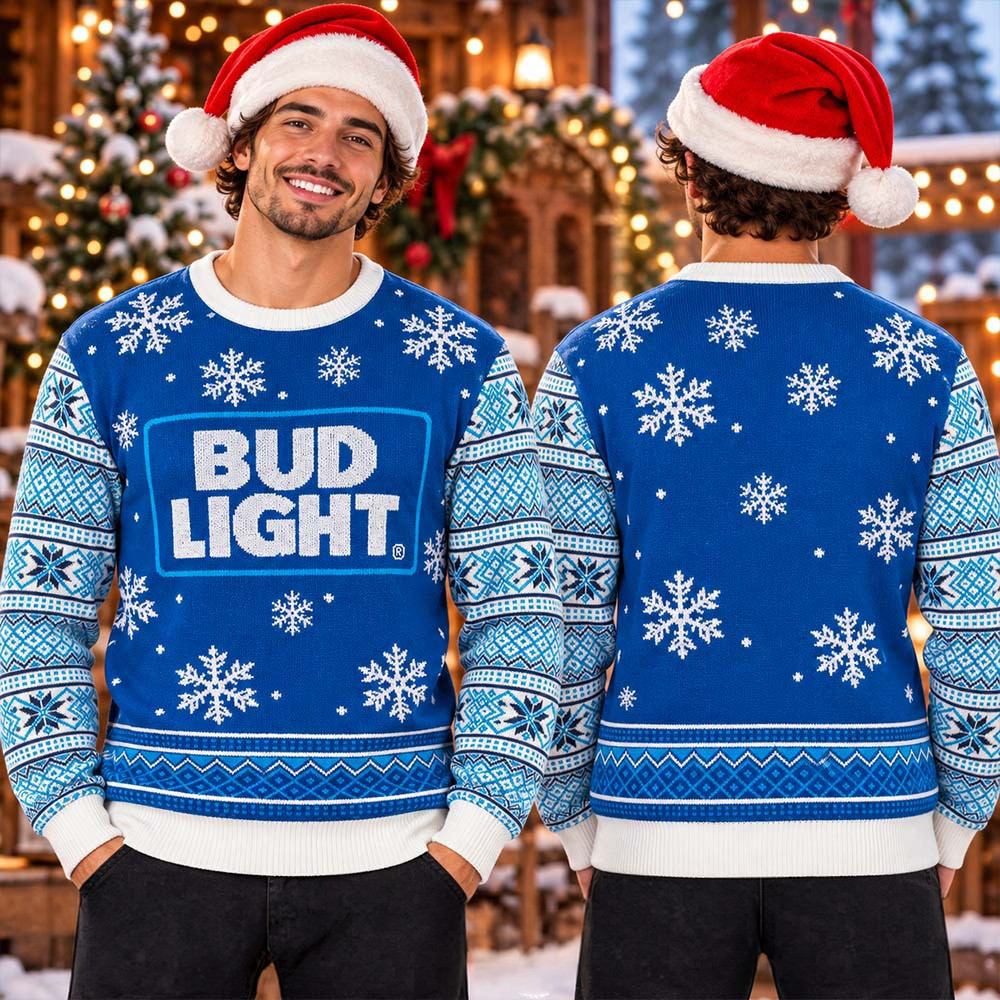 Bud Light Big Logo Blue And White Snowflakes Detail Christmas Ugly Sweater Party Beer Gift 1 - Unicasport Bud Light Big Logo Blue And White Snowflakes Detail Christmas Ugly Sweater Party Beer Gift