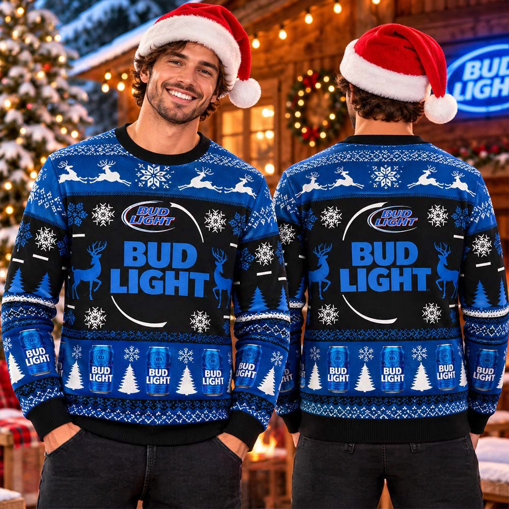 Bud Light Big Logo With Reindeer Detail Black And Blue Christmas Ugly Sweater Xmas Drinking Gift 1 - Unicasport Bud Light Big Logo With Reindeer Detail Black And Blue Christmas Ugly Sweater Xmas Drinking Gift