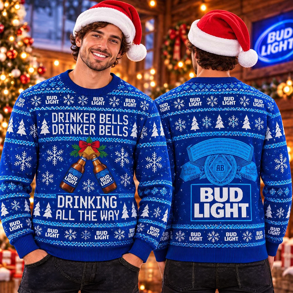 Bud Light Cheering Drinker Bells Drinking All The Way Funny Xmas Ugly Sweater Xmas Drinking Gift 1 - Unicasport Bud Light Cheering Drinker Bells Drinking All The Way Funny Xmas Ugly Sweater Xmas Drinking Gift