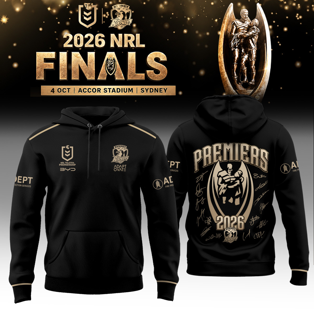 Sydney Roosters 2026 NRL Premiers Signature Hoodie Sydney Roosters Hooded Sweatshirt Fan Gear