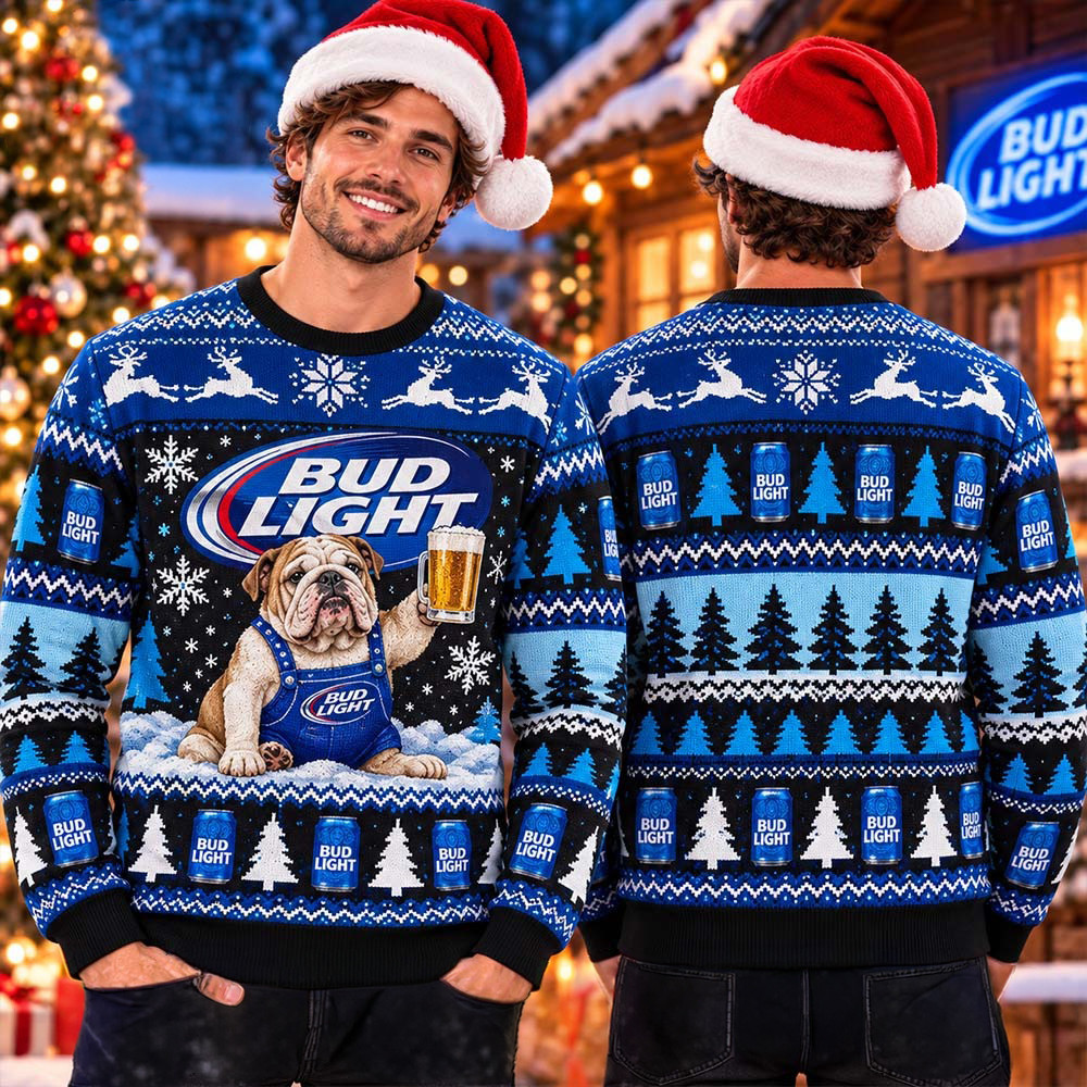 Bud Light Funny Bulldog Cheering Bud Light Beer In The Snowy Night Ugly Christmas Sweater Xmas Drinking Gift 1 - Unicasport Bud Light Funny Bulldog Cheering Bud Light Beer In The Snowy Night Ugly Christmas Sweater Xmas Drinking Gift