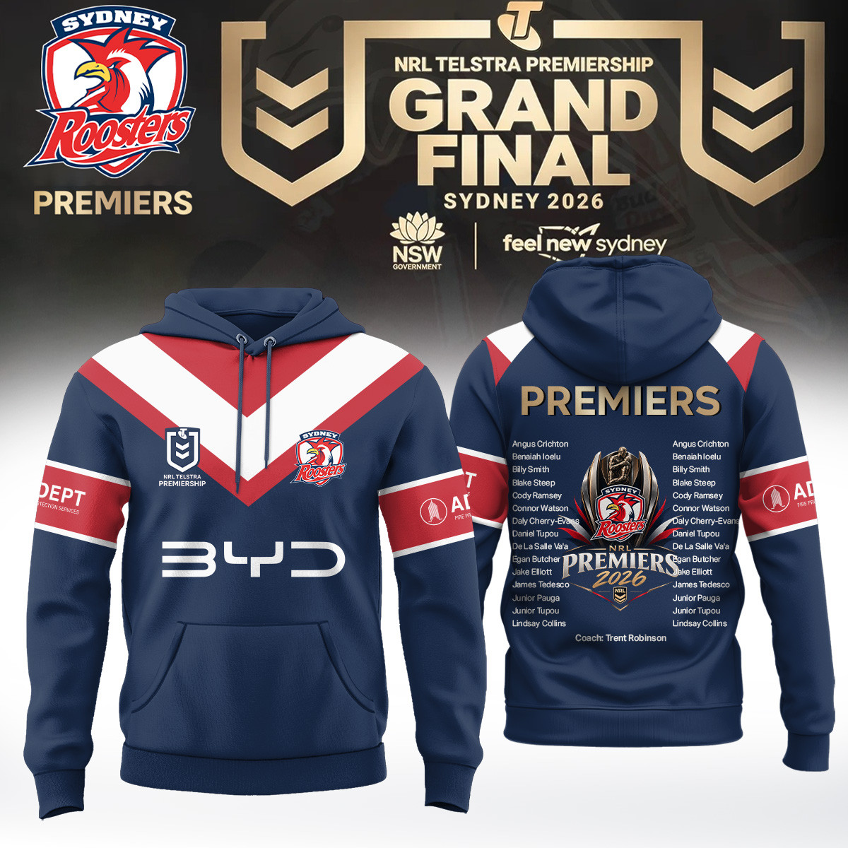 Sydney Roosters 2026 NRL Premiers Hoodie Sydney Roosters Clothing Best Gifts For Boyfriend