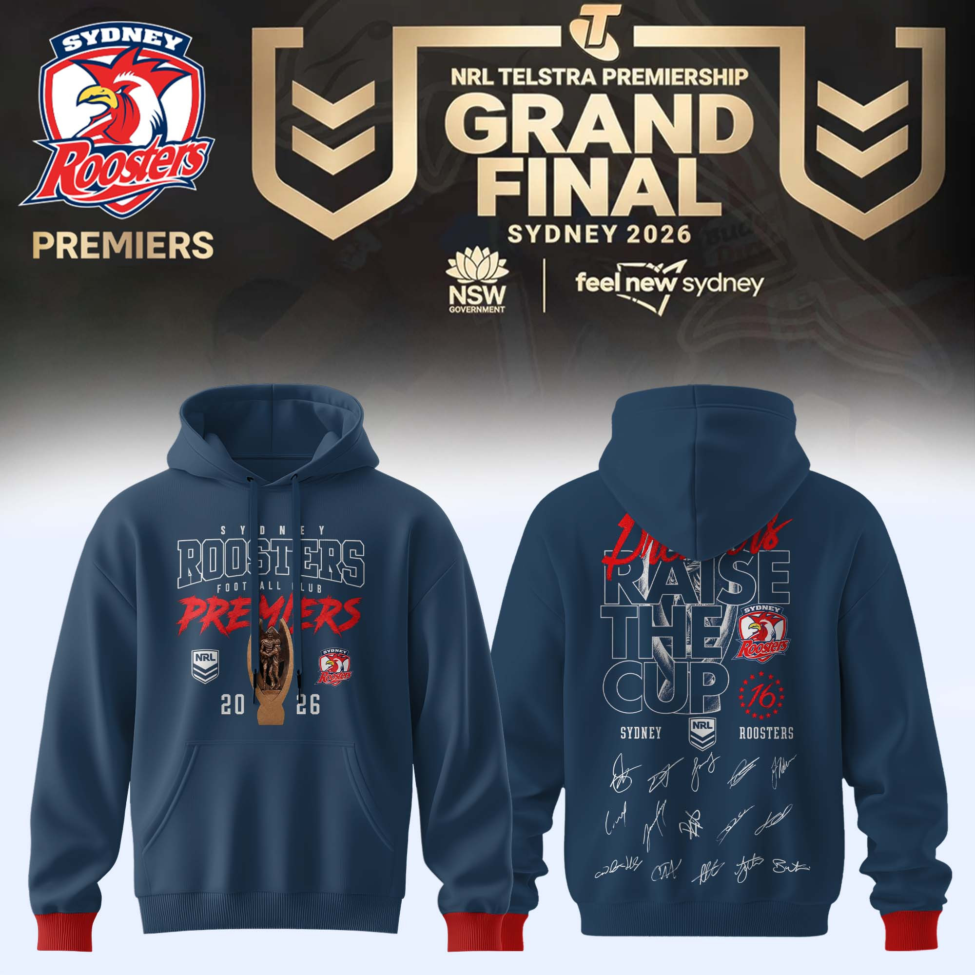 Sydney Roosters Merch 2026 NRL Premiers Signature Hoodie Sydney Roosters Hooded Sweatshirt