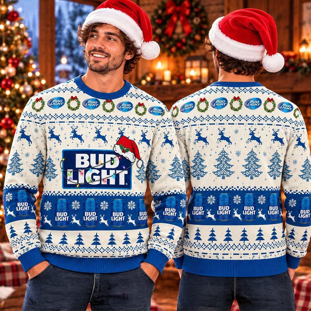 Bud Light Reindeer Snowy Night Snowflakes And Pine Tree Pattern Ugly Christmas Sweater Xmas Gift 1 - Unicasport Bud Light Reindeer Snowy Night Snowflakes And Pine Tree Pattern Ugly Christmas Sweater Xmas Gift