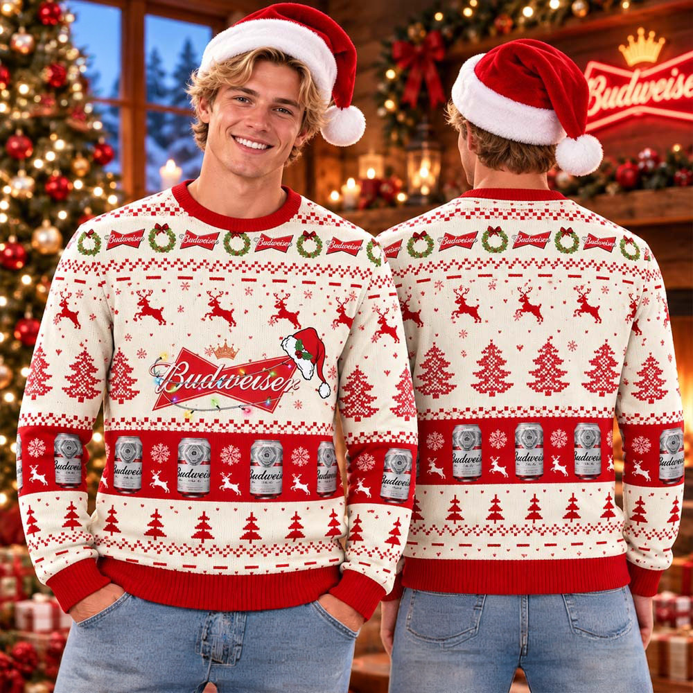 Budweiser Big Logo With Christmas Lights Ugly Christmas Sweater Xmas Gift 1 - Unicasport Budweiser Big Logo With Christmas Lights Ugly Christmas Sweater Xmas Gift