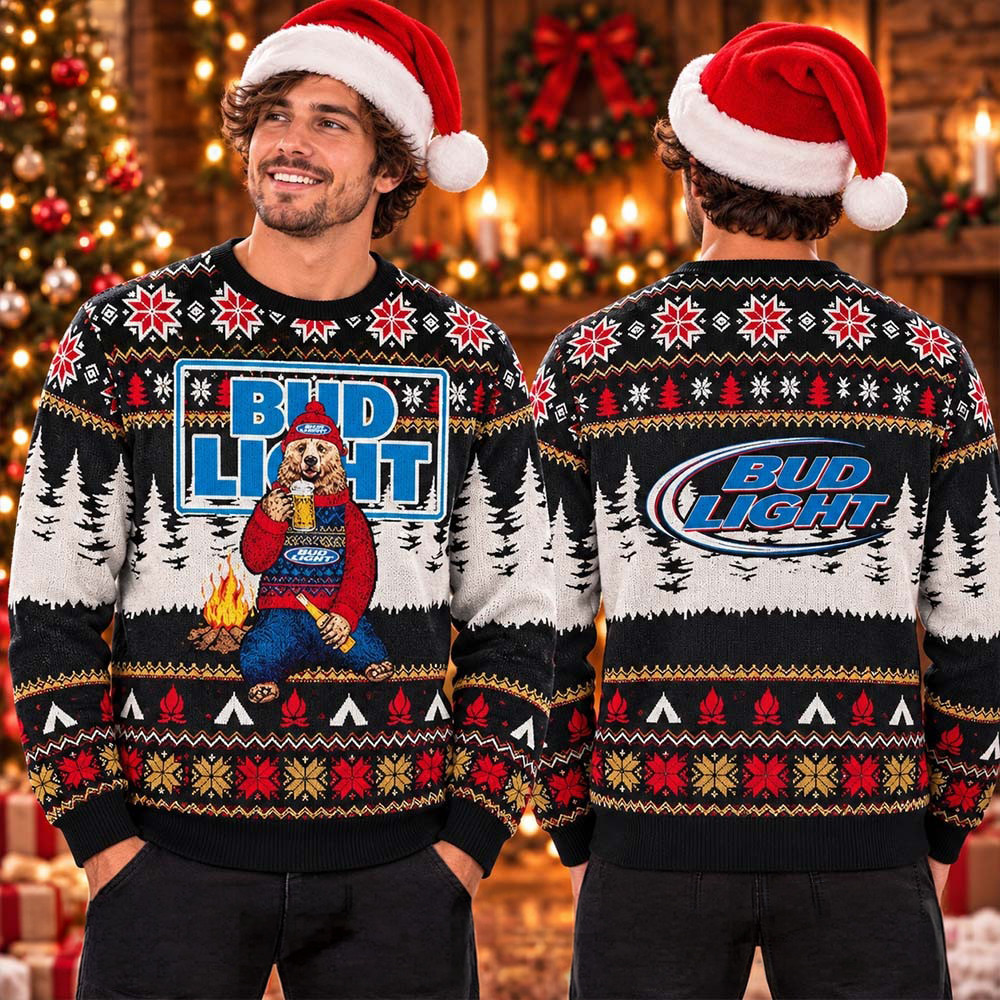 Bud Light Big Logo Bear Wearing Sweater Drinking Bud Light Funny Ugly Sweater Gift For Father 1 - Unicasport Bud Light Big Logo Bear Wearing Sweater Drinking Bud Light Funny Ugly Sweater Gift For Father