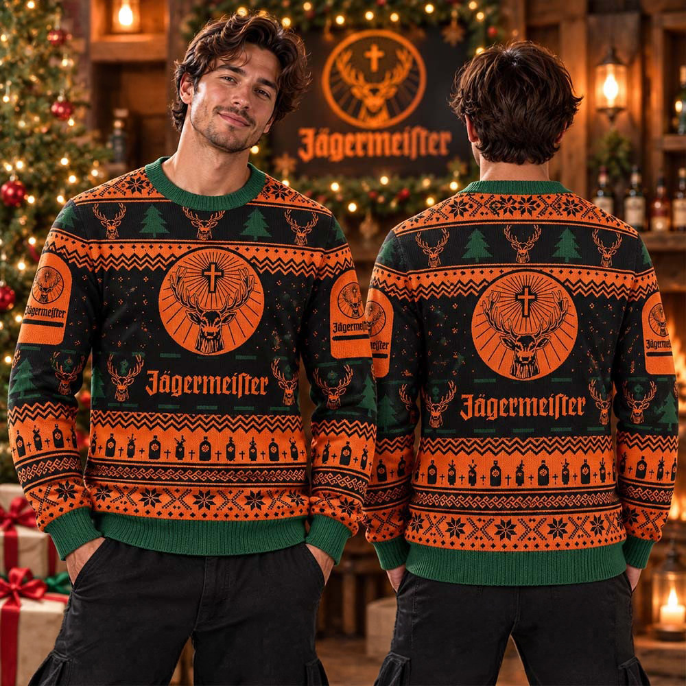 Jagermeister Snowflakes And Pine Tree In Orange And Black For Lovers Christmas Ugly Sweater Fan Gift 1 - Unicasport Jagermeister Snowflakes And Pine Tree In Orange And Black For Lovers Christmas Ugly Sweater Fan Gift