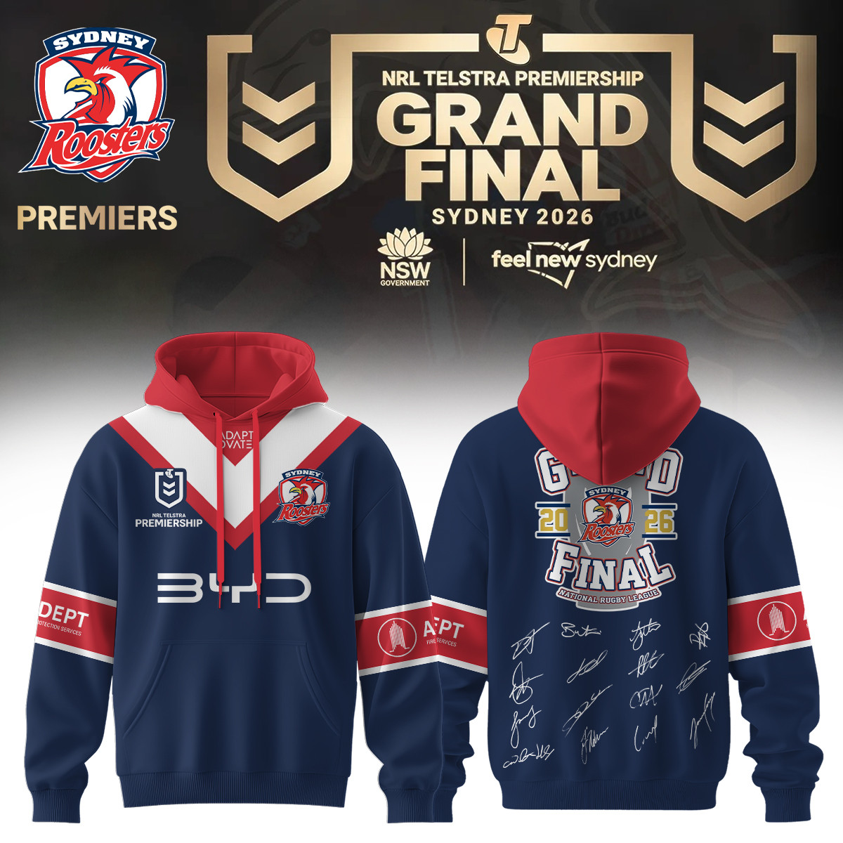 Sydney Roosters NRL 2026 Premiers Hoodie Sydney Roosters NRL Grand Final Apparel Fan Gear