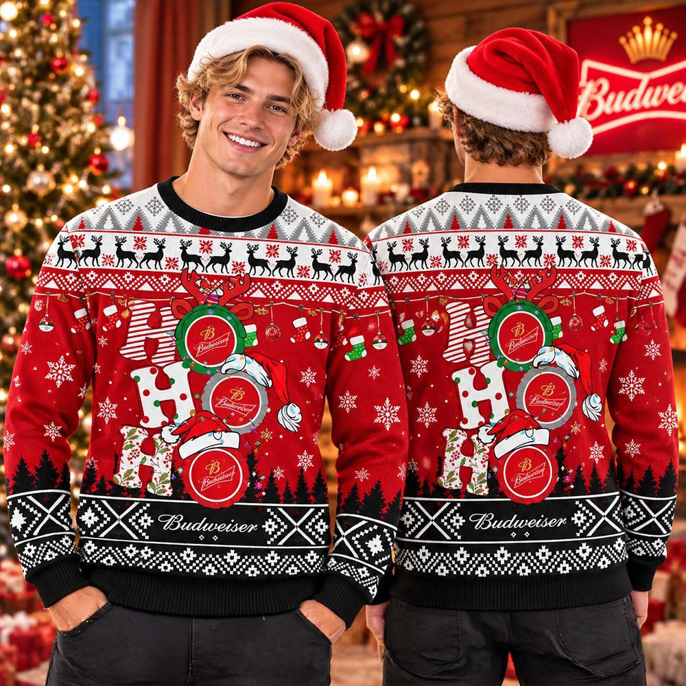 Budweiser Ho Ho Ho Snowy Funny Ugly Christmas Sweater Xmas Gift Ideas 1 - Unicasport Budweiser Ho Ho Ho Snowy Funny Ugly Christmas Sweater Xmas Gift Ideas