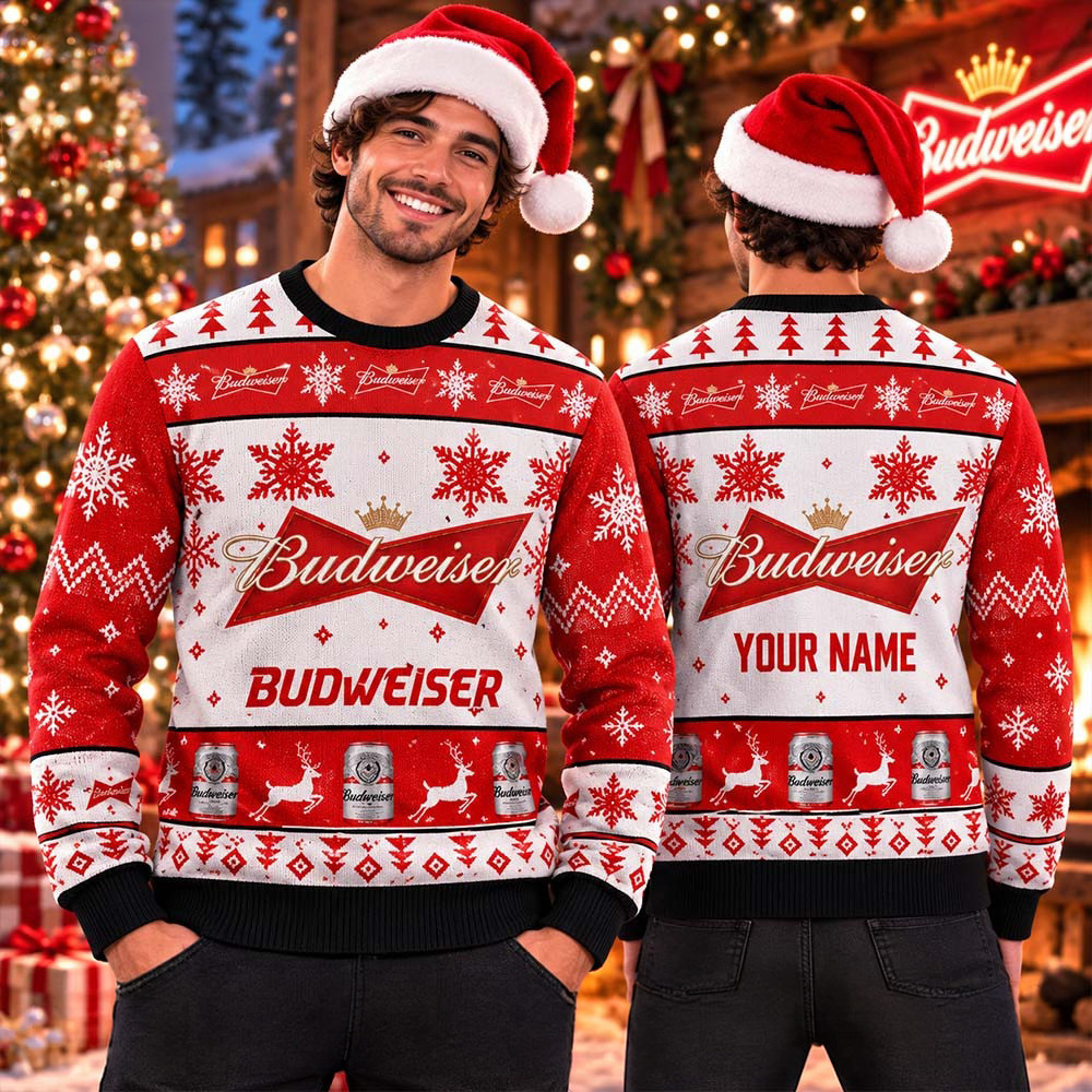 Budweiser Logo Snowflakes And Pine Trees Ugly Christmas Sweater Xmas Gifts 1 - Unicasport Budweiser Logo Snowflakes And Pine Trees Ugly Christmas Sweater Xmas Gifts