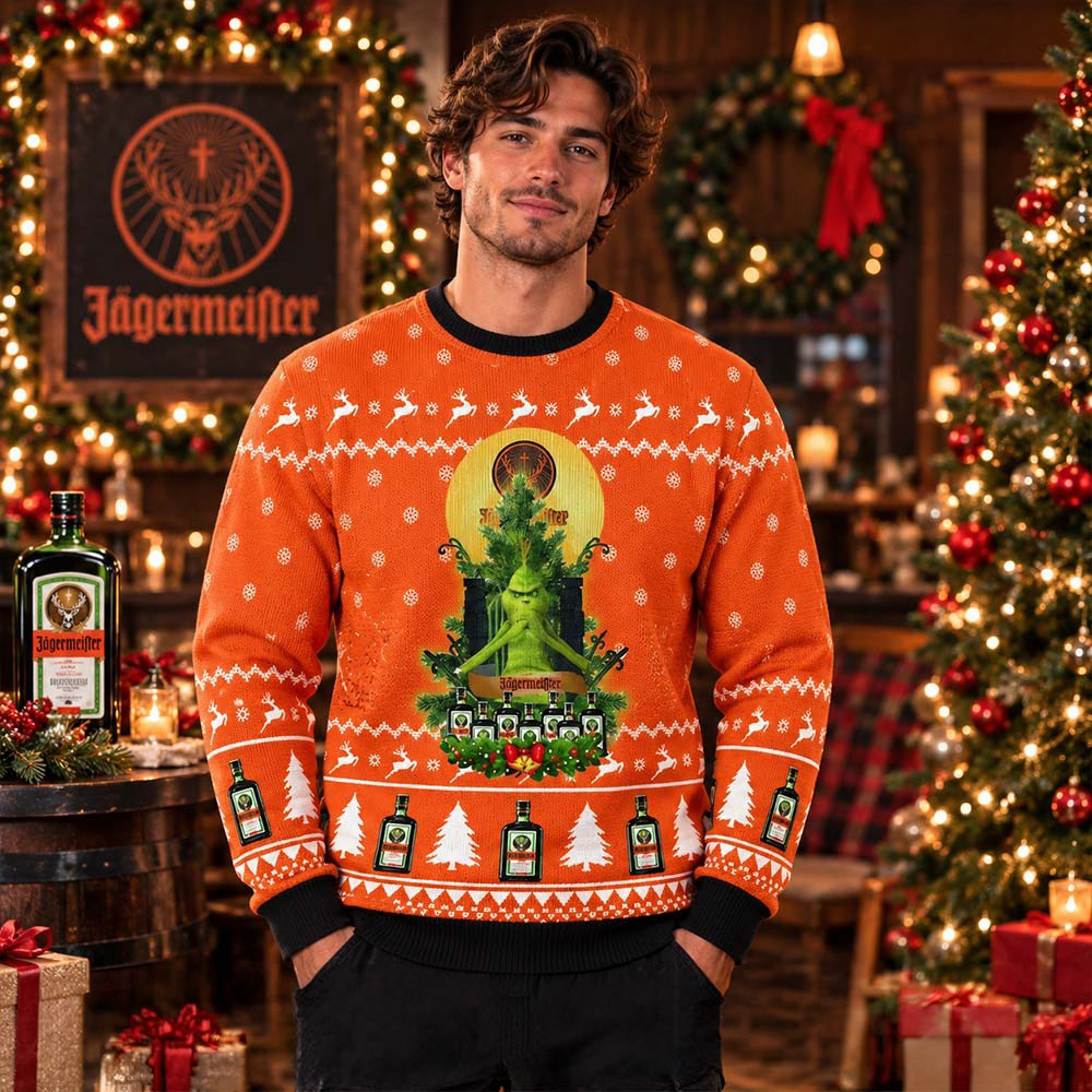 Jagermeister X Grinch Sitting Orange Knitting Ugly Christmas Sweater Gift For Him 1 - Unicasport Jagermeister X Grinch Sitting Orange Knitting Ugly Christmas Sweater Gift For Him
