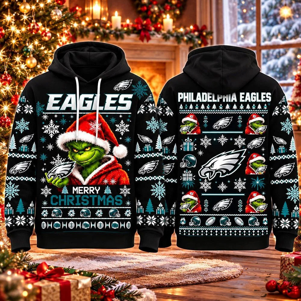 Philadelphia Eagles Merch X Grinch Merry Christmas Football Hoodie Eagles Football Apparel 1 - Unicasport Philadelphia Eagles Merch X Grinch Merry Christmas Football Hoodie Eagles Football Apparel