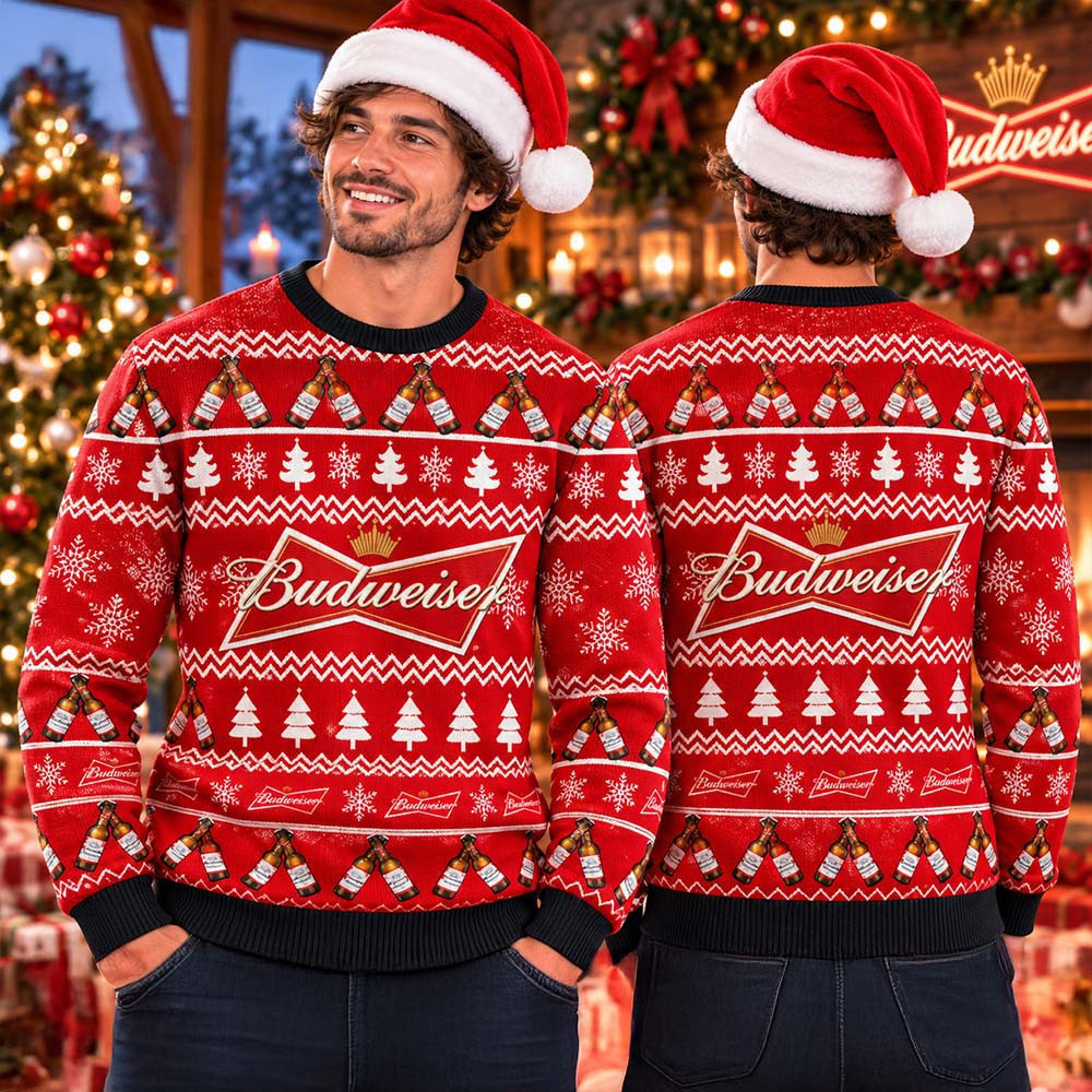 Budweiser Beer Logo Signature Red Holiday Ugly Sweater Christmas Merch Gifts For Beer Lovers 1 - Unicasport Budweiser Beer Logo Signature Red Holiday Ugly Sweater Christmas Merch Gifts For Beer Lovers