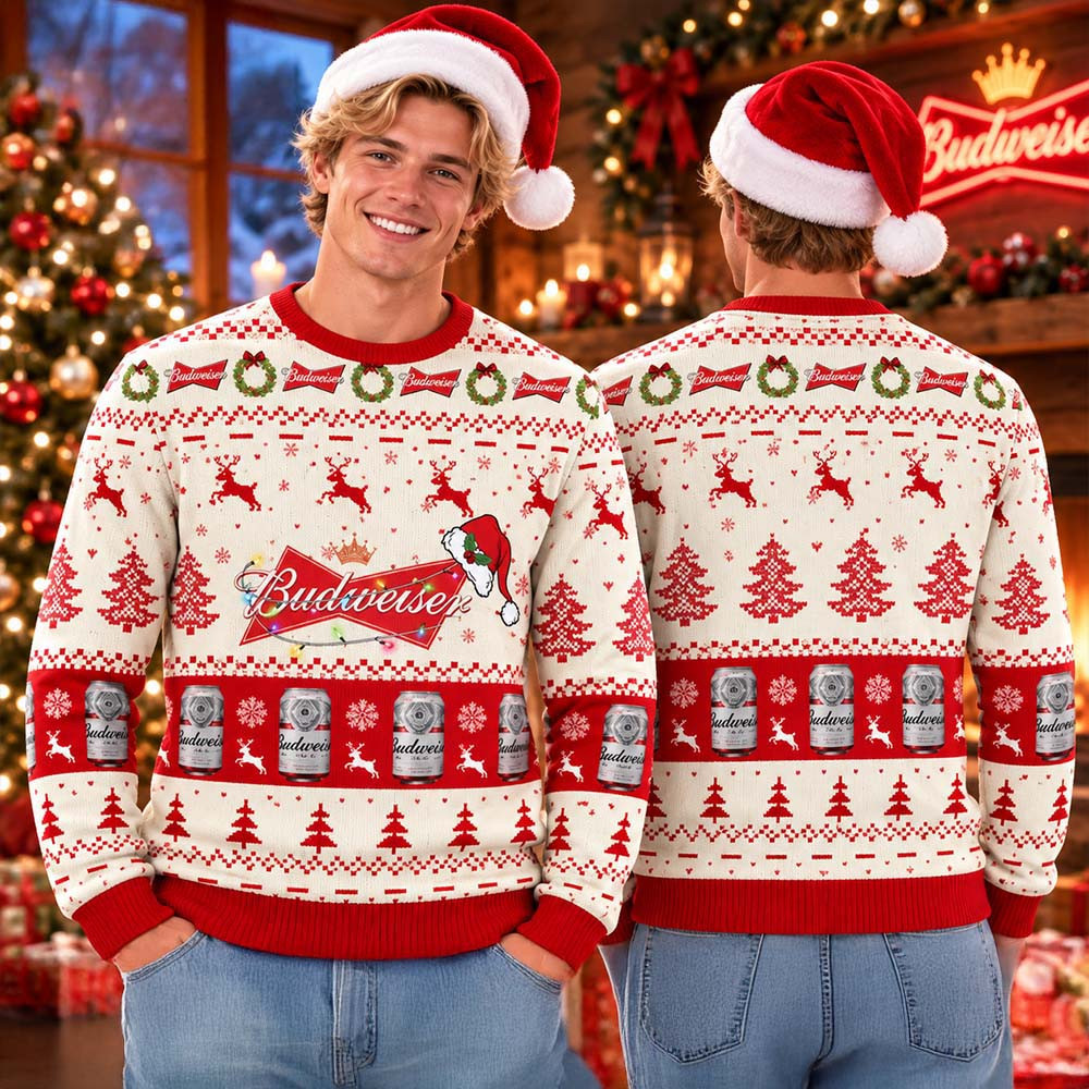 Budweiser Big Logo With Christmas Lights And Santa Hat Snowy Holiday Ugly Sweater Xmas Gift For Him 1 - Unicasport Budweiser Big Logo With Christmas Lights And Santa Hat Snowy Holiday Ugly Sweater Xmas Gift For Him