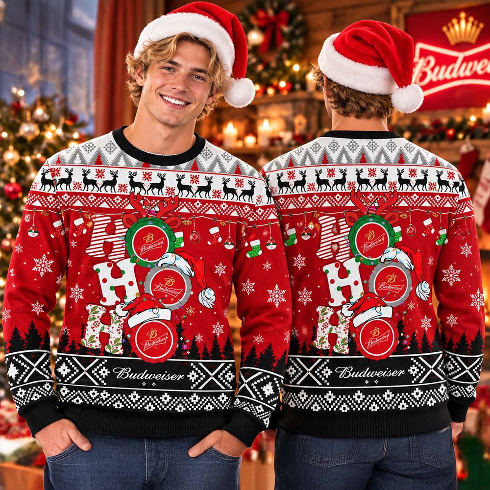 Budweiser Ho Ho Ho Snowy Funny Christmas Ugly Sweater Budweiser Xmas Clothing Gifts For Beer Lover 1 - Unicasport Budweiser Ho Ho Ho Snowy Funny Christmas Ugly Sweater Budweiser Xmas Clothing Gifts For Beer Lover