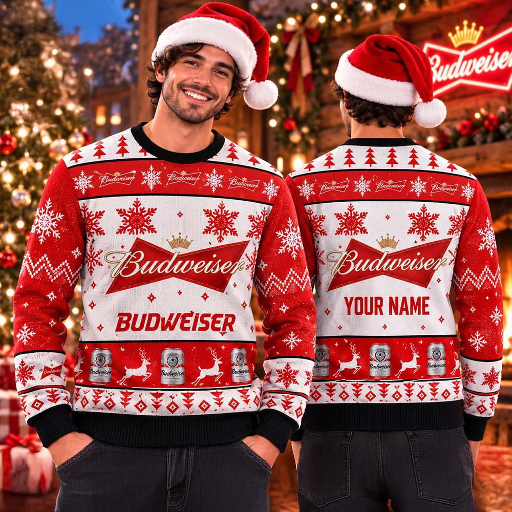 Custom Budweiser Snowflakes And Pine Trees Red And White Ugly Christmas Sweater Gifts For Husband 1 - Unicasport Custom Budweiser Snowflakes And Pine Trees Red And White Ugly Christmas Sweater Gifts For Husband