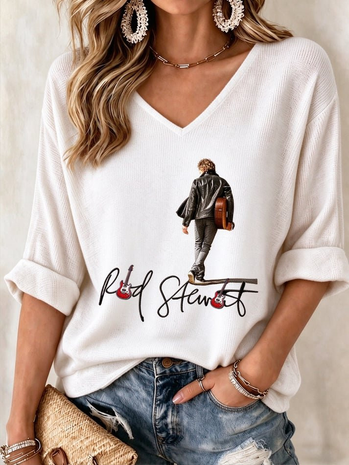 Rod Stewart Tour Merch V-Neck Long Sleeve Shirt Rod Stewart Lovers Apparel Her Gifts