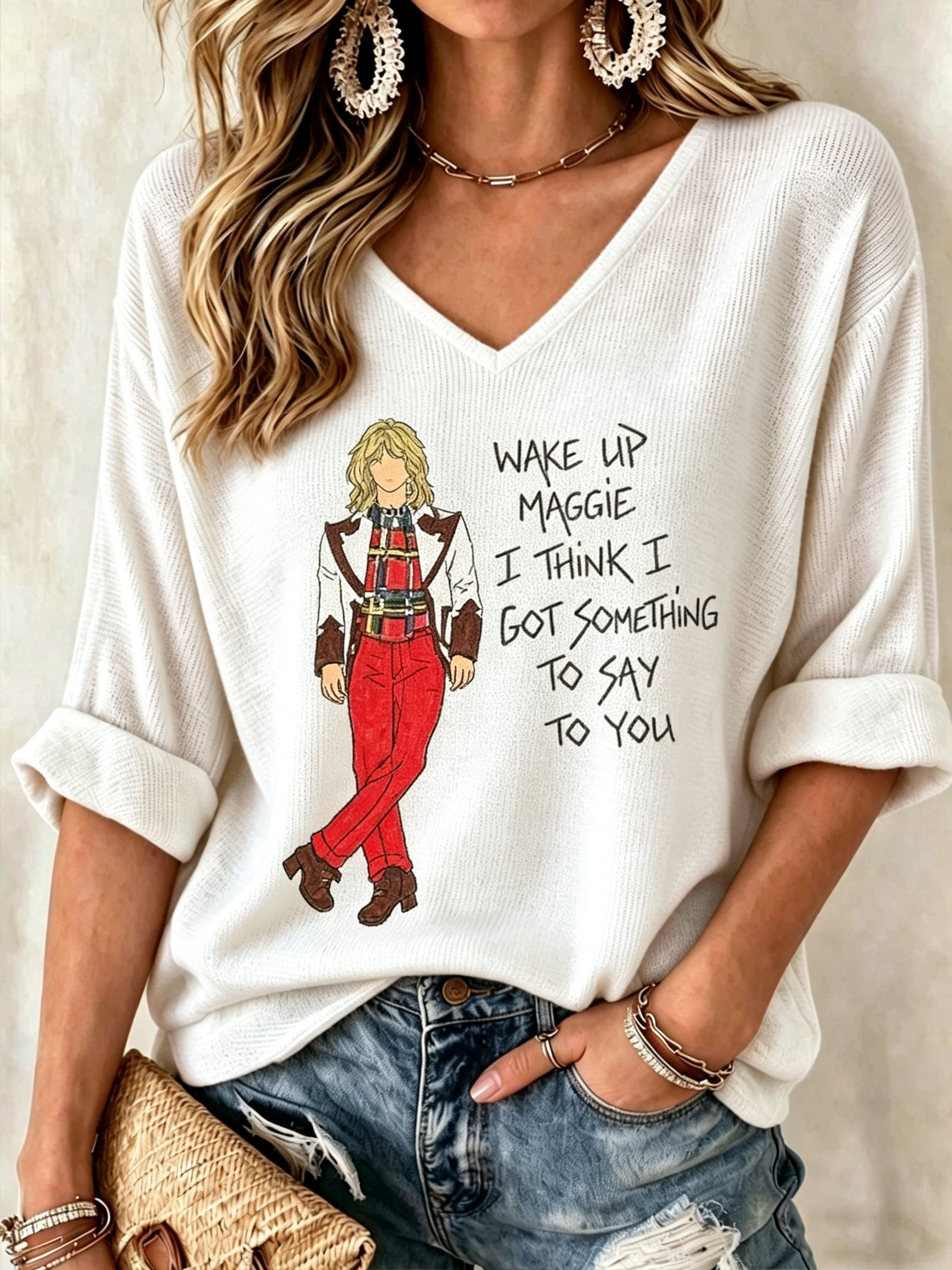 Rod Stewart Tour Merch Wake Up Maggie V-Neck Long Sleeve Shirt Rod Stewart Fan Gear