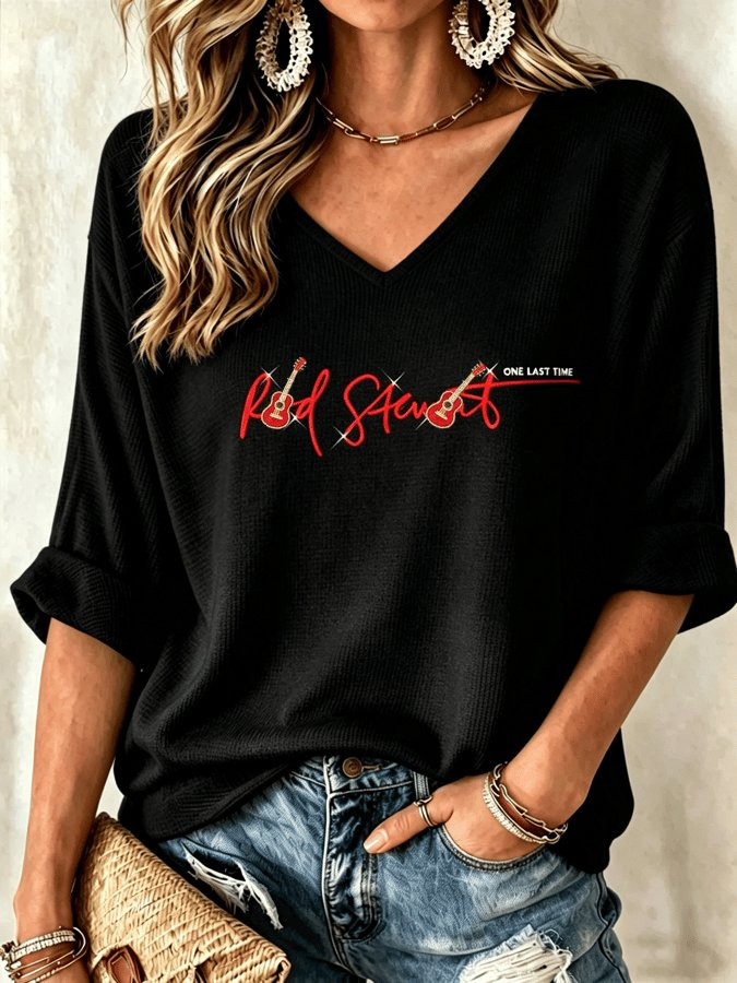 Rod Stewart Tour Merch V-Neck Long Sleeve Shirt Rod Stewart One Last Time Clothes