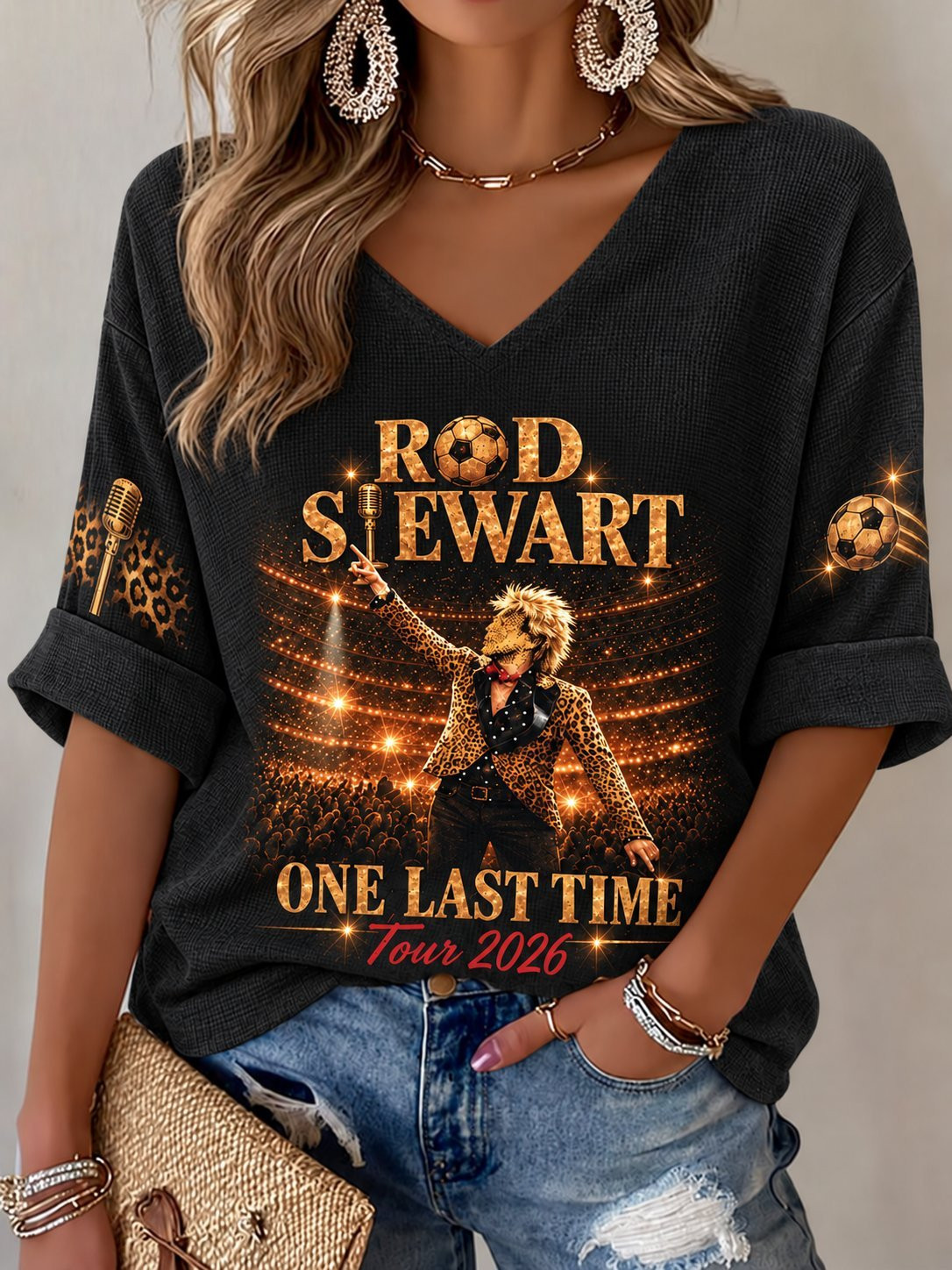Rod Stewart Tour Merch V-Neck Long Sleeve Shirt Rod Stewart One Last Time Tour Wear