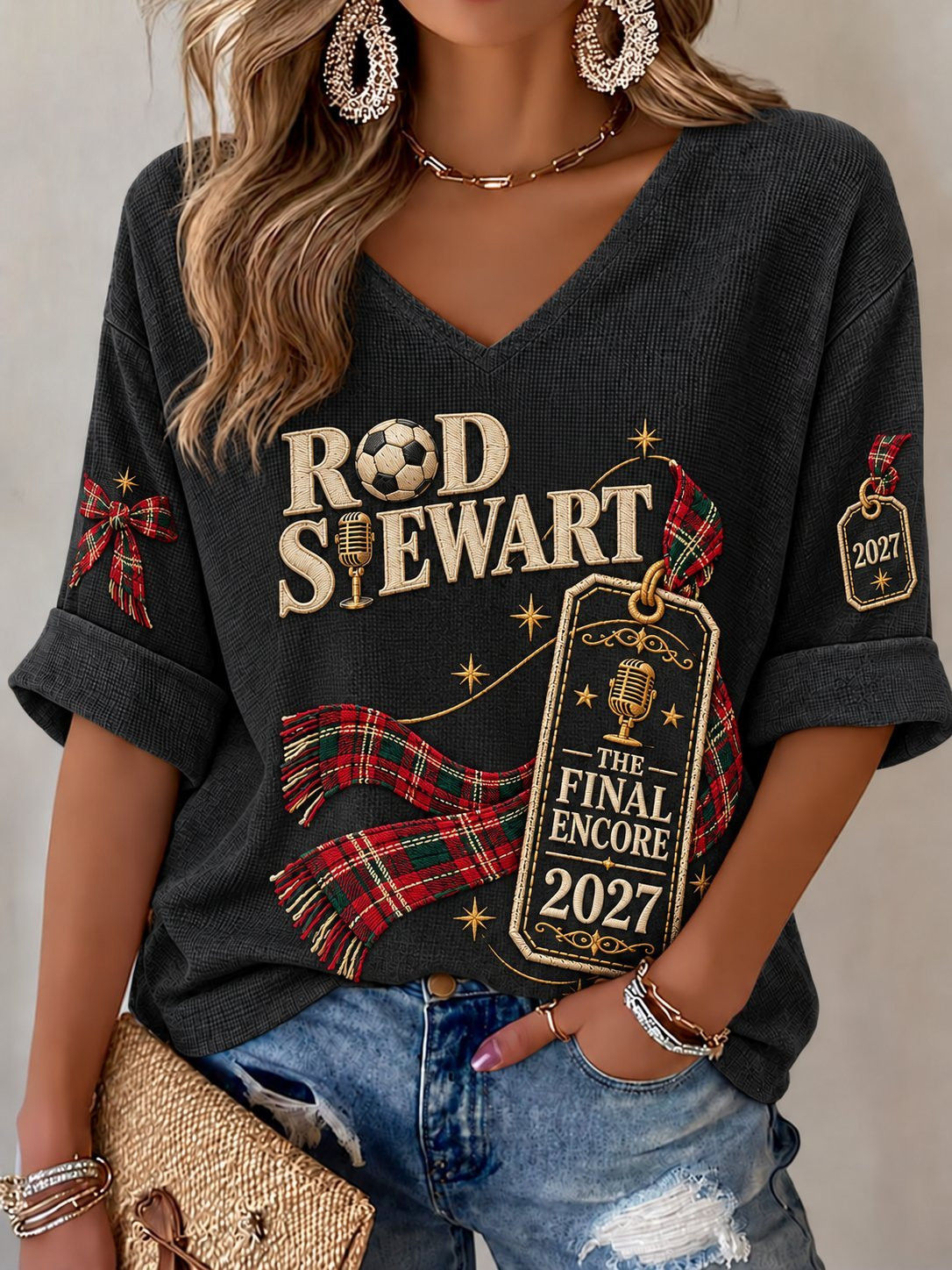 Rod Stewart Tour Merch V-Neck Long Sleeve Shirt Rod Stewart The Final Encore Attire