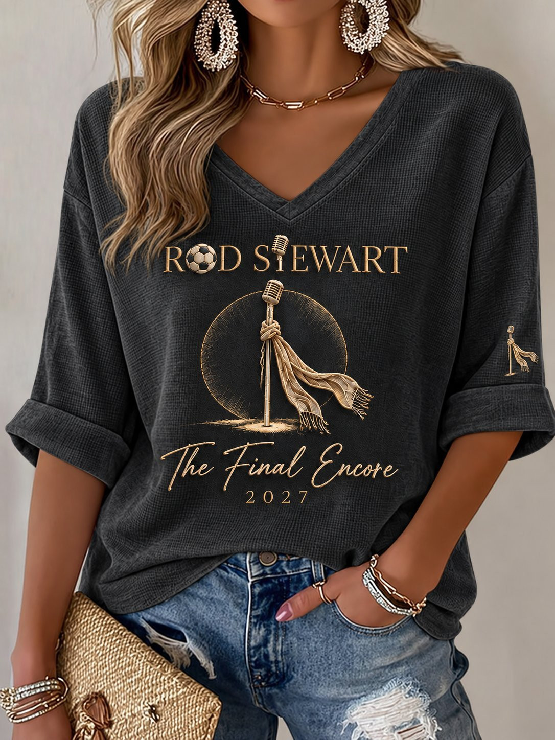 Rod Stewart Tour Merch V-Neck Long Sleeve Shirt Rod Stewart The Final Encore Clothes