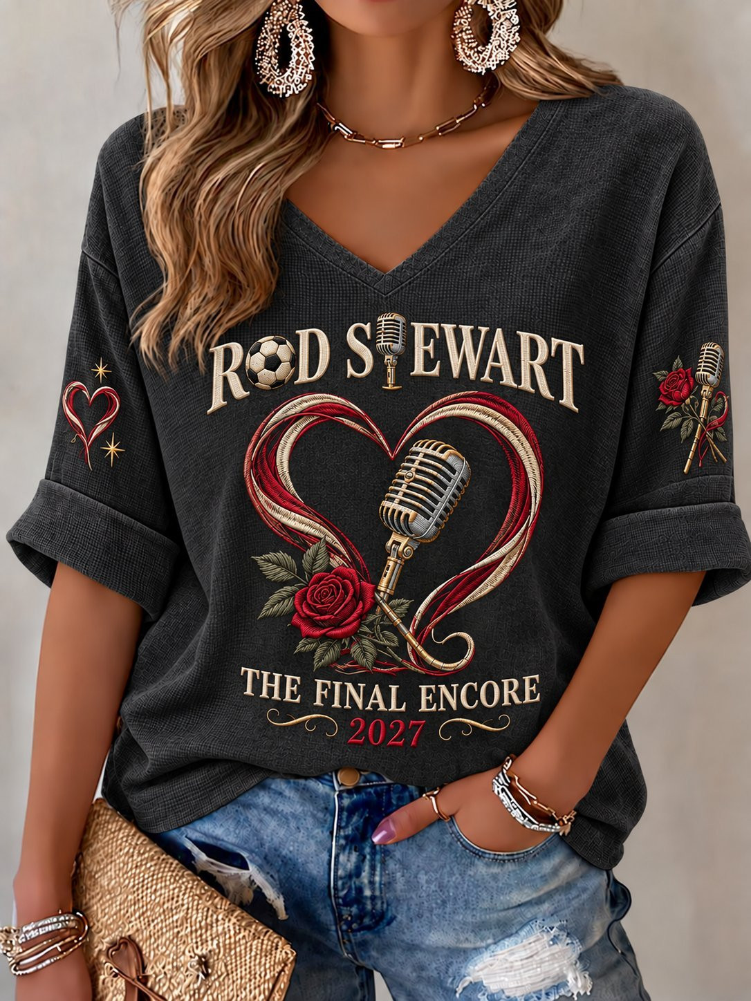 Rod Stewart Tour Merch V-Neck Long Sleeve Shirt Rod Stewart The Final Encore Outfits