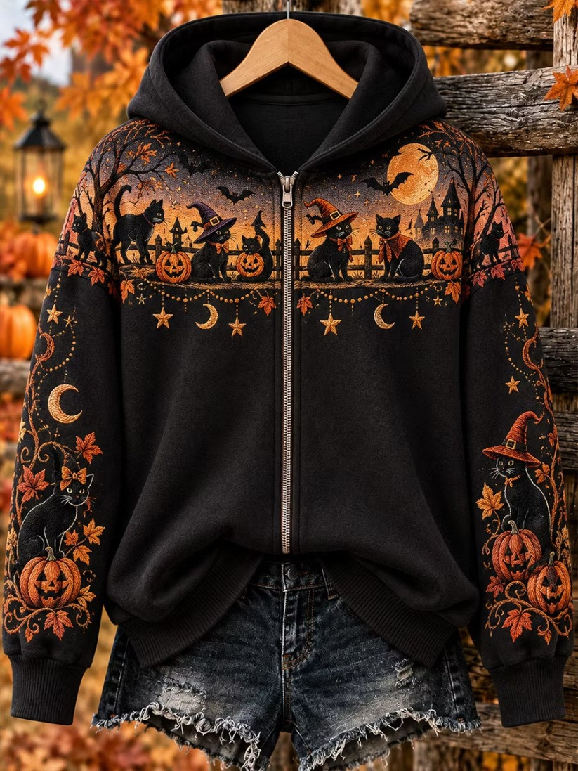 Halloween Witch Cat Zip Hoodie Halloween Clothes Gift For Friends 1 - Unicasport Halloween Witch Cat Zip Hoodie Halloween Clothes Gift For Friends
