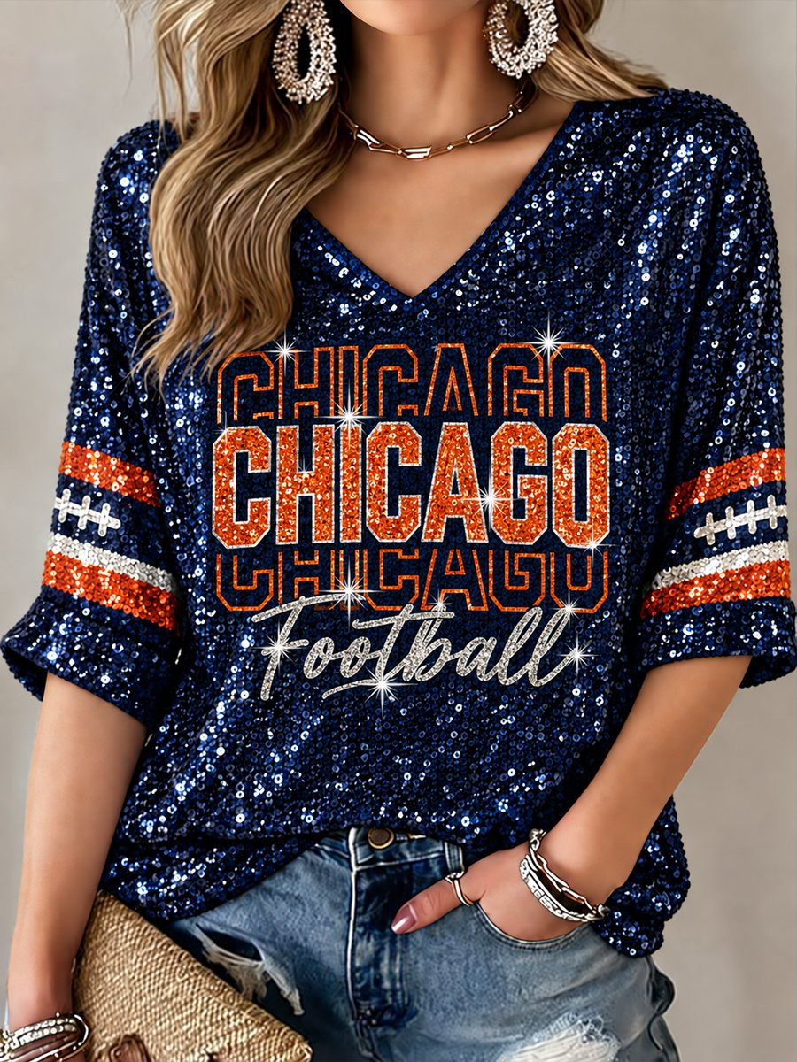 Chicago Bears Merch Chicago Football V-neck Long Sleeve Shirt Women's Game Day Fans Outfit Gift