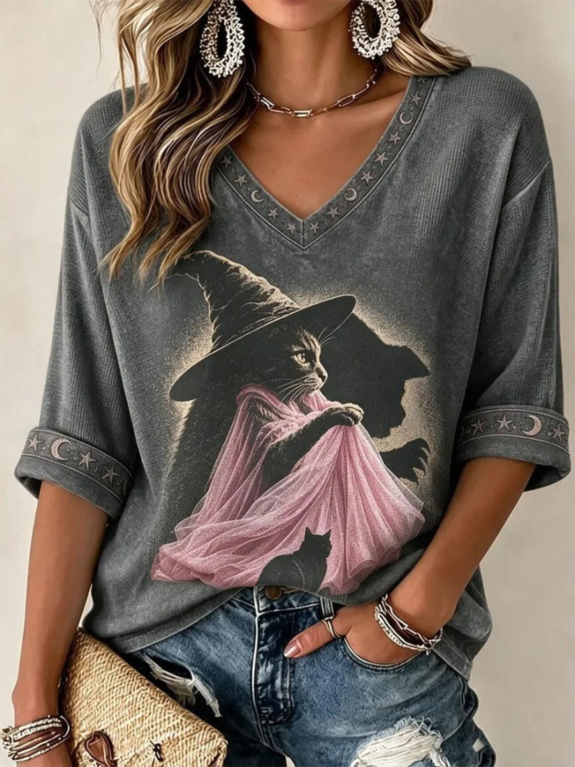 Breast Cancer Awareness Halloween Cat V-Neck Long Sleeve Shirt Best Gift For Cat Lovers 1 - Unicasport Breast Cancer Awareness Halloween Cat V-Neck Long Sleeve Shirt Best Gift For Cat Lovers
