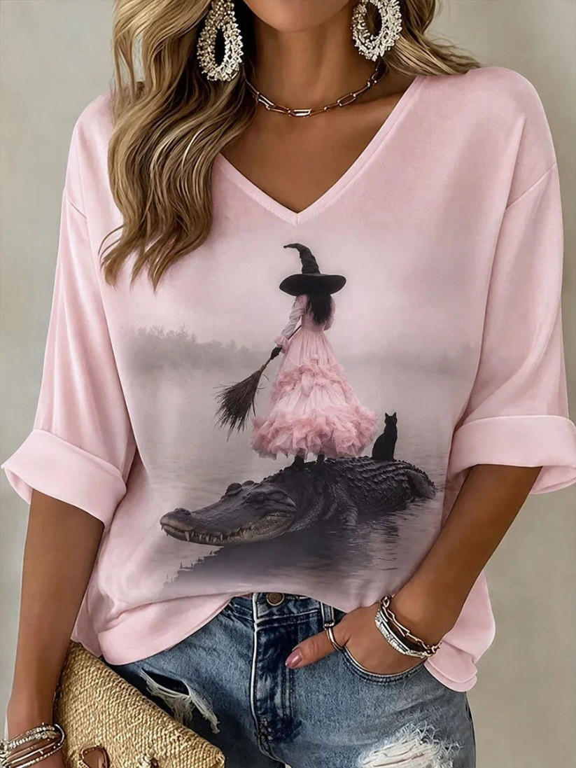 Breast Cancer Awareness Halloween Witch V-Neck Long Sleeve Shirt Gift For Women 1 - Unicasport Breast Cancer Awareness Halloween Witch V-Neck Long Sleeve Shirt Gift For Women