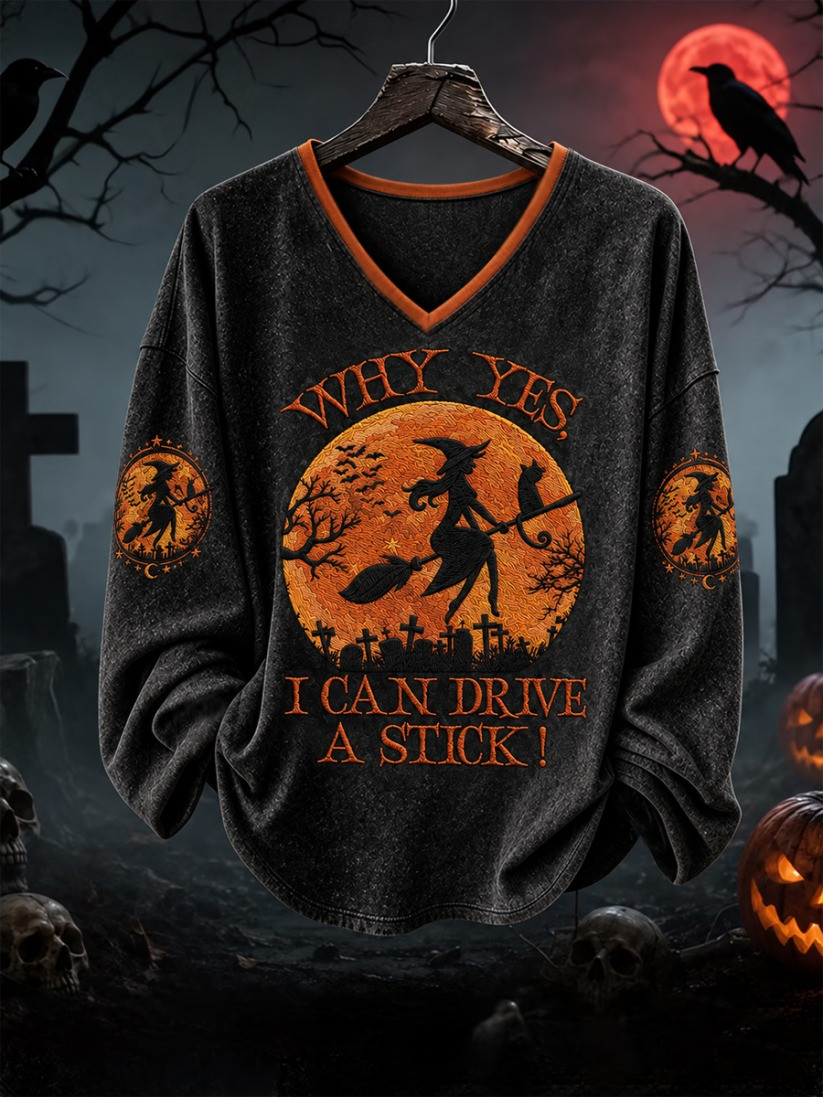 Witch Why Yes I Can Drive A Stick V-Neck Long Sleeve Shirt Funny Halloween Apparel Gift 1 - Unicasport Witch Why Yes I Can Drive A Stick V-Neck Long Sleeve Shirt Funny Halloween Apparel Gift