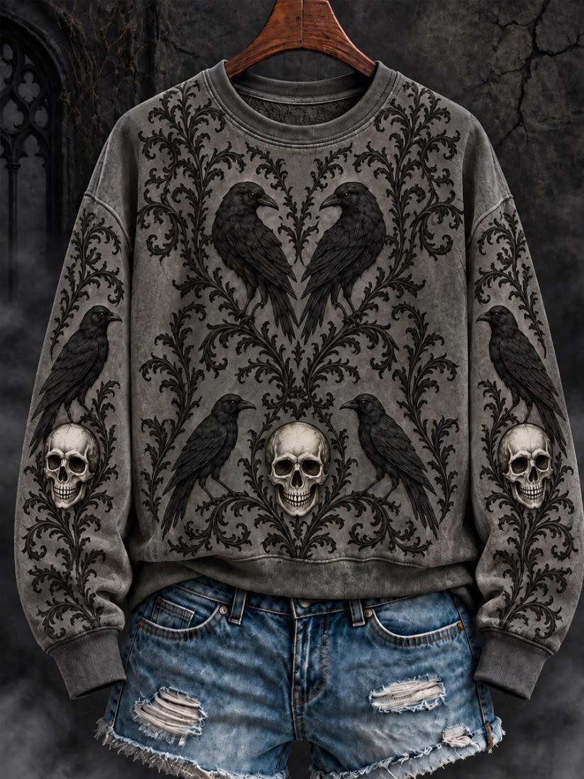 Gothic Halloween Raven And Skull Sweatshirt Women's Halloween Apparel Gift 1 - Unicasport Gothic Halloween Raven And Skull Sweatshirt Women's Halloween Apparel Gift