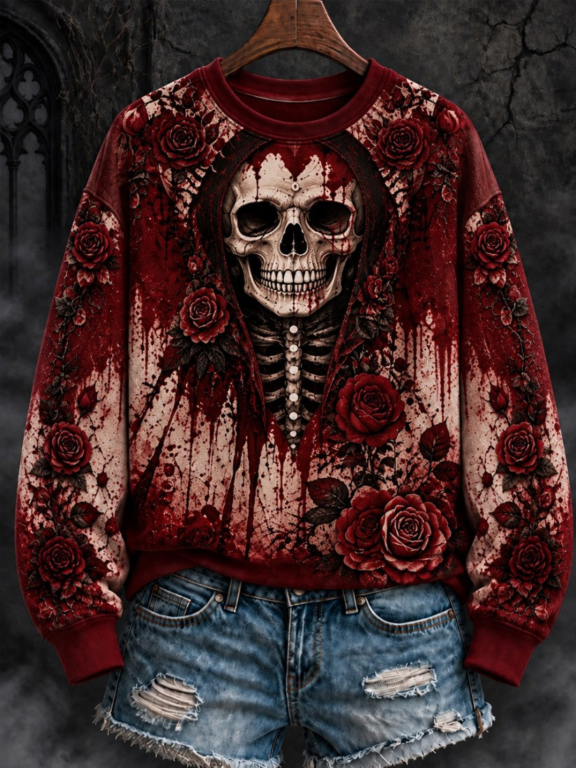 Halloween Gothic Bloodstained Rose Skull Sweatshirt Halloween Horror Nights Outfit Gift 1 - Unicasport Halloween Gothic Bloodstained Rose Skull Sweatshirt Halloween Horror Nights Outfit Gift