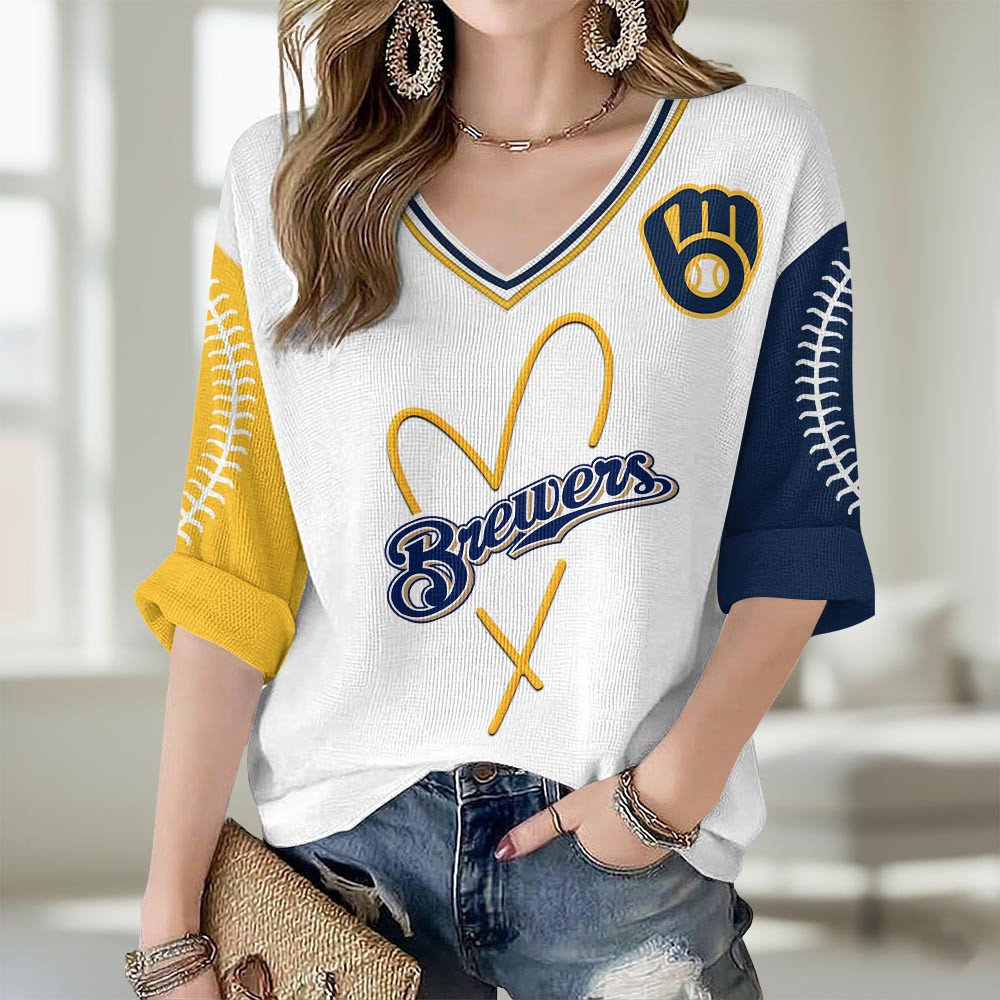 Milwaukee Brewers Merch V-Neck Long Sleeve Shirt Brewers Gameday Wear Mom Gifts