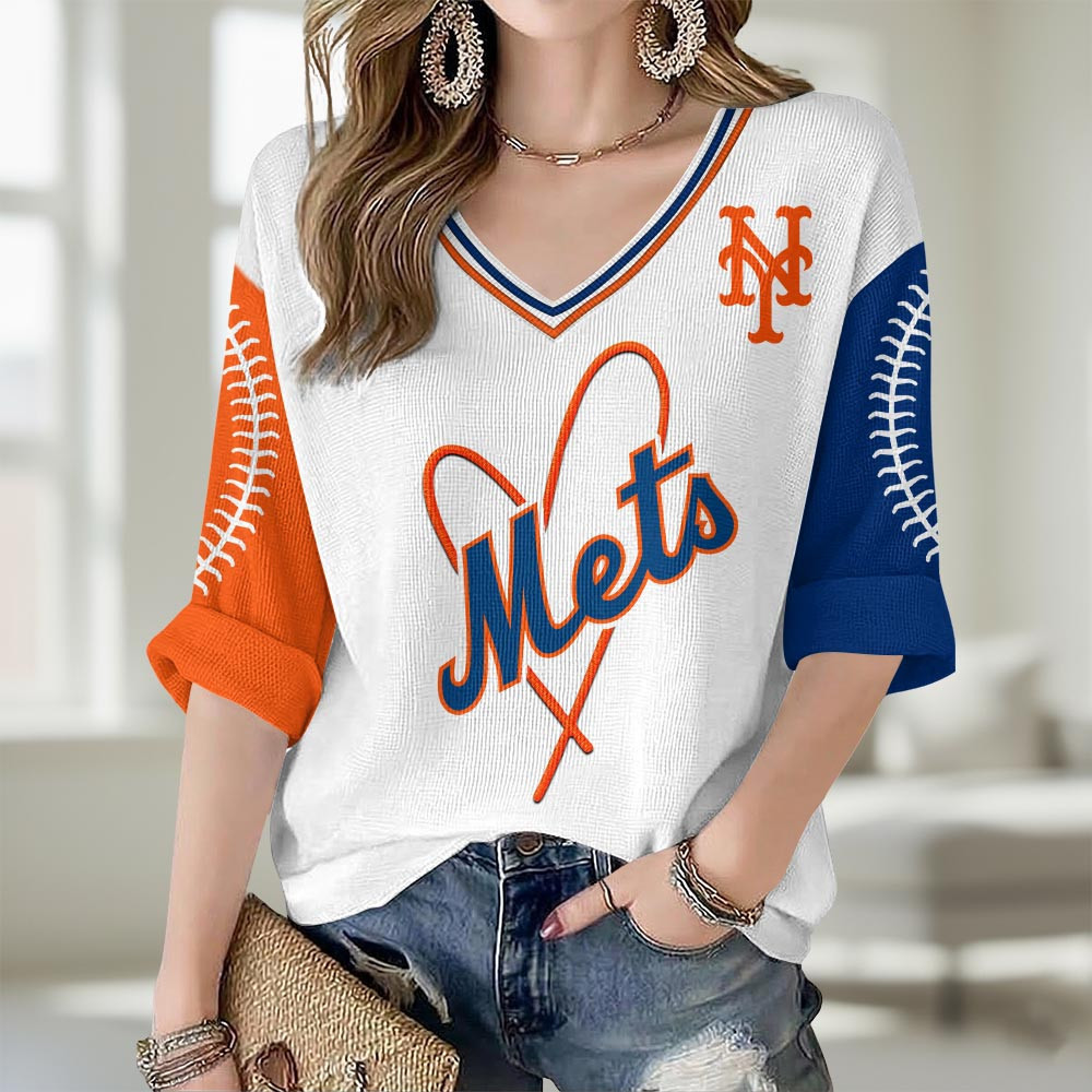 New York Mets Merch V-Neck Long Sleeve Shirt Mets Baseball Clothing Her Gifts