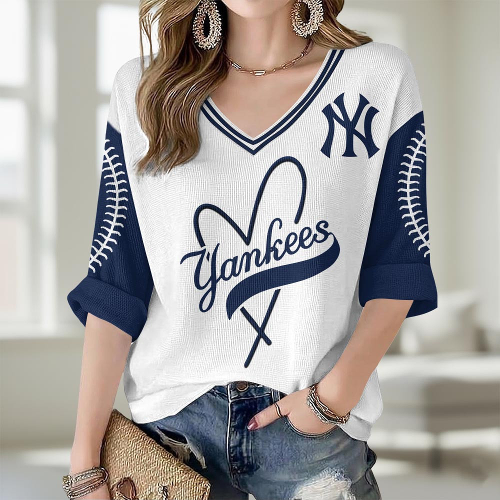 New York Yankees Merch V-Neck Long Sleeve Shirt Yankees Baseball Apparel Fan Gifts