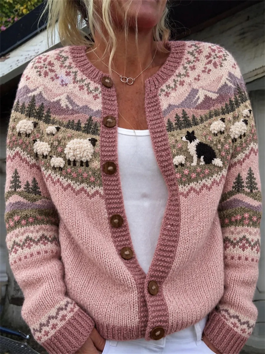 Vintage Border Collie Sheep Landscape Yoke Isle Cardigan Winter Apparel Christmas Gift Ideas