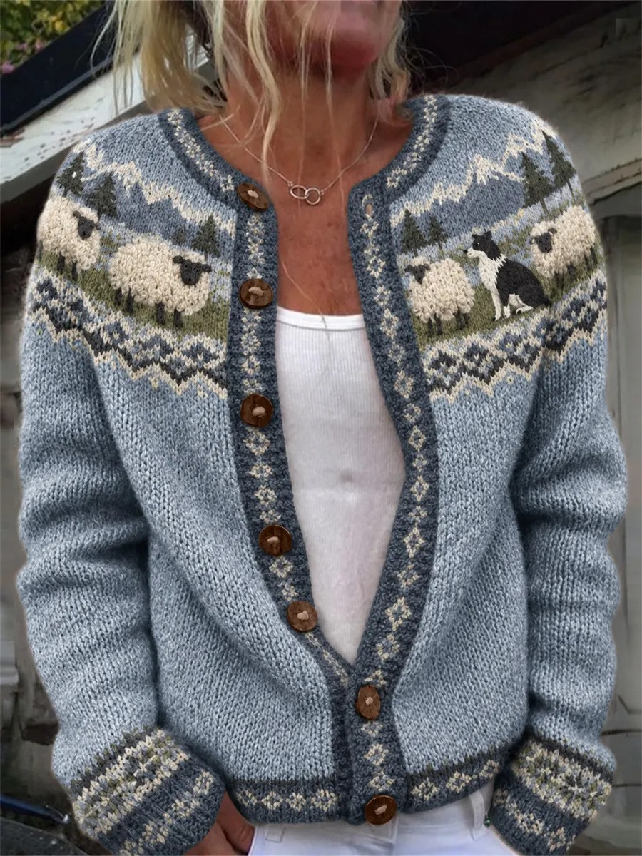 Vintage Border Collie Sheep Landscape Yoke Isle Cardigan Winter Outfit Xmas Gift Ideas