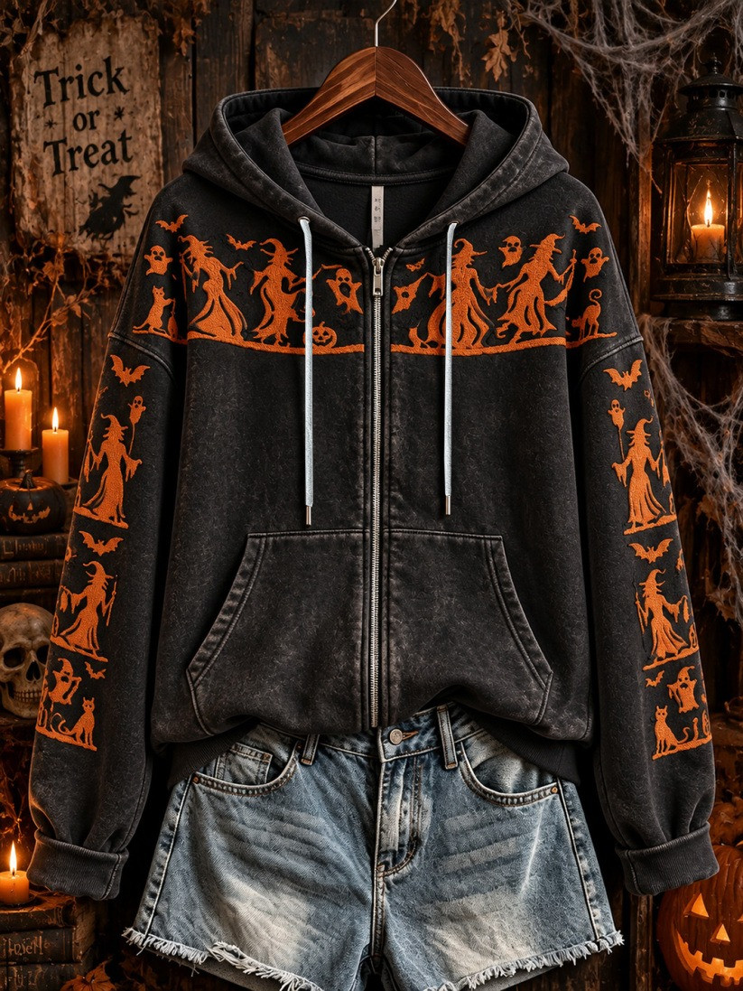 Halloween-Themed Witch Pattern Zip Hoodie Halloween Horror Nights Apparel Gift 1 - Unicasport Halloween-Themed Witch Pattern Zip Hoodie Halloween Horror Nights Apparel Gift